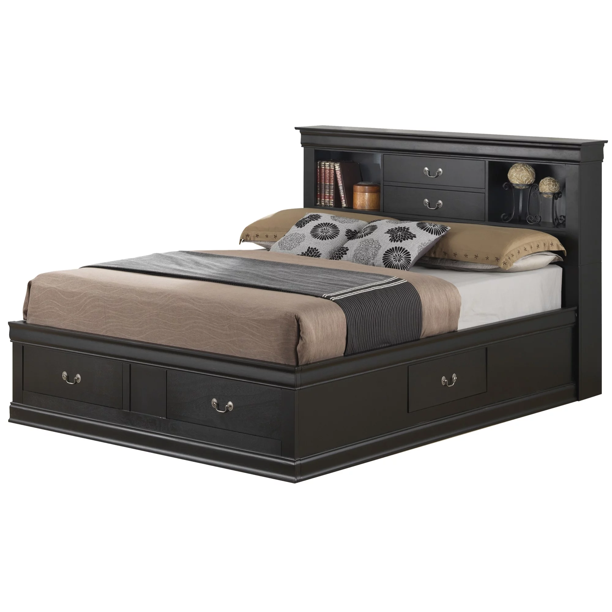 Passion Furniture Louis Philippe Storage Platform Bed with 6 Storage Drawer, Black - Full Size