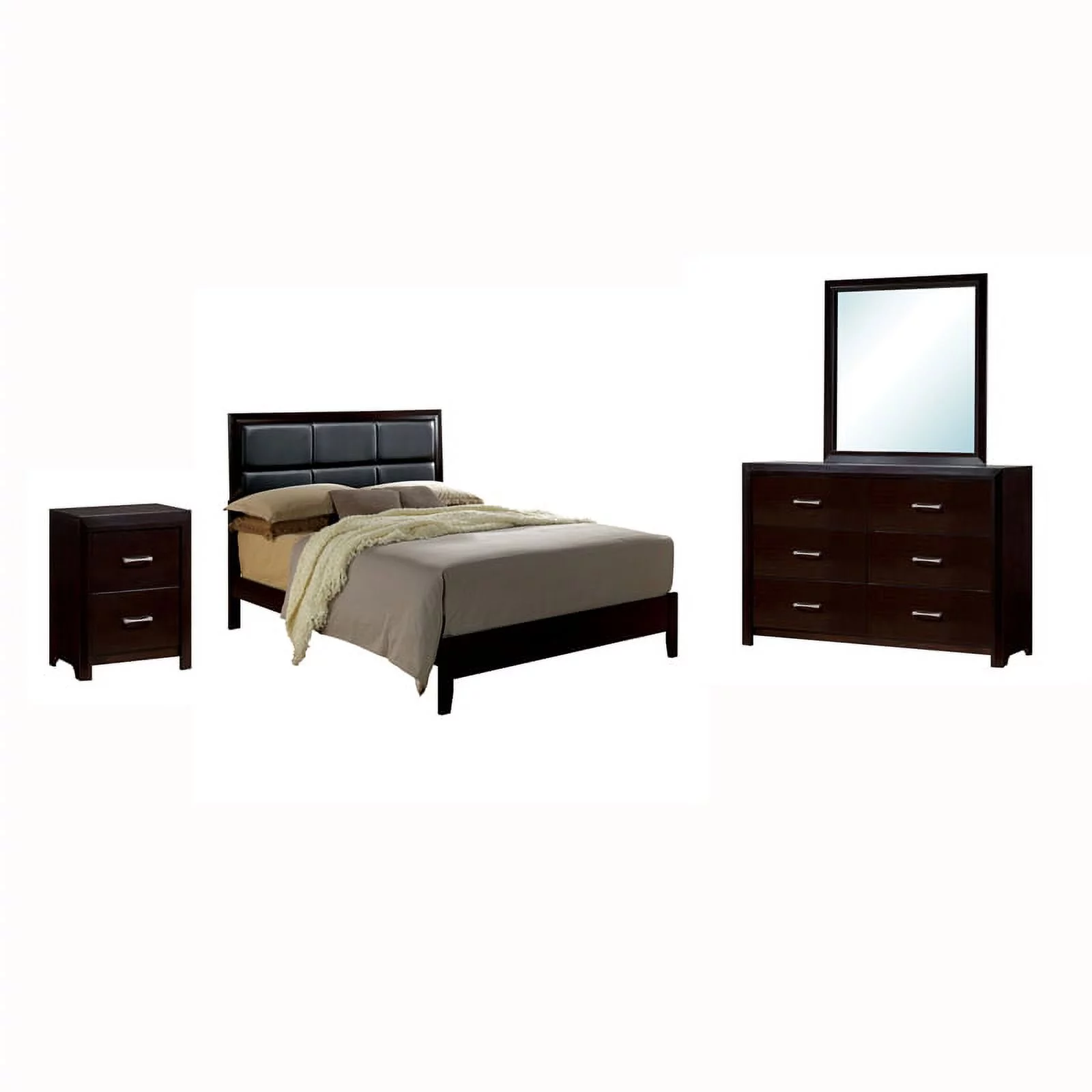 FOA Barett 4pc Espresso Wood Bedroom Set - King+Nightstand+Dresser+Mirror