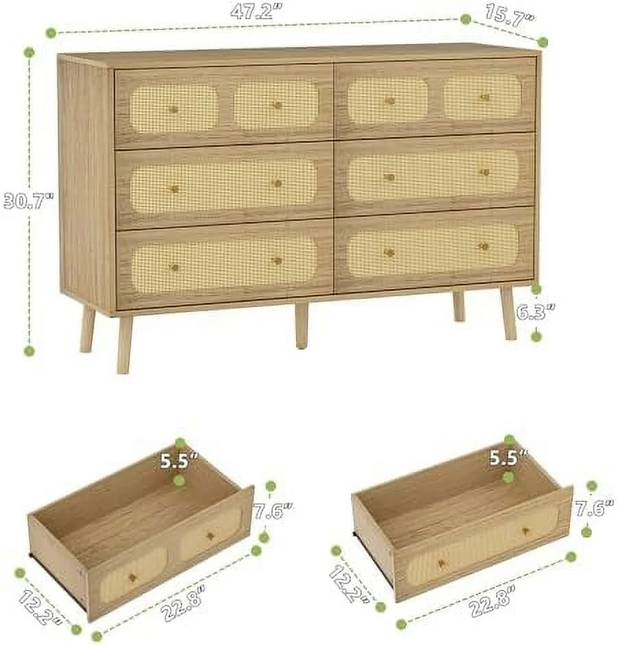 HBBOOMLIFE 6 Drawer Double Dresser for Bedroom Rattan Dresser with Gold Handles Chest of Drawers with Deep Drawers for Living Room