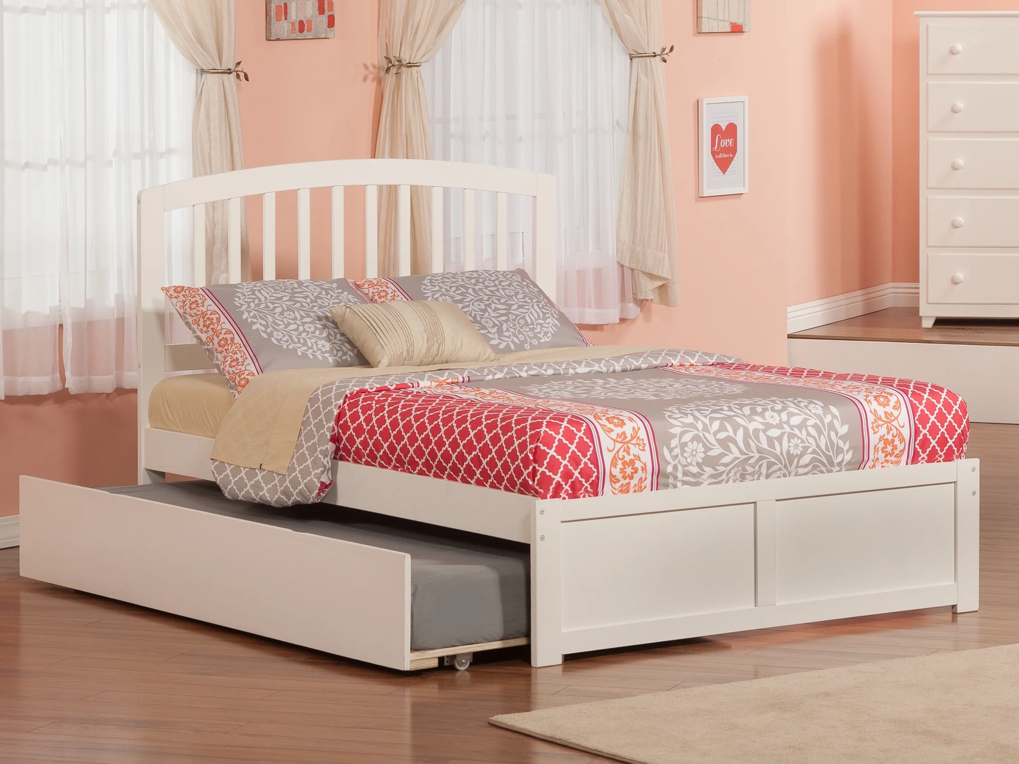 Richmond Platform Bed with Matching Foot Board with Twin Size Urban Trundle Bed, White, Twin