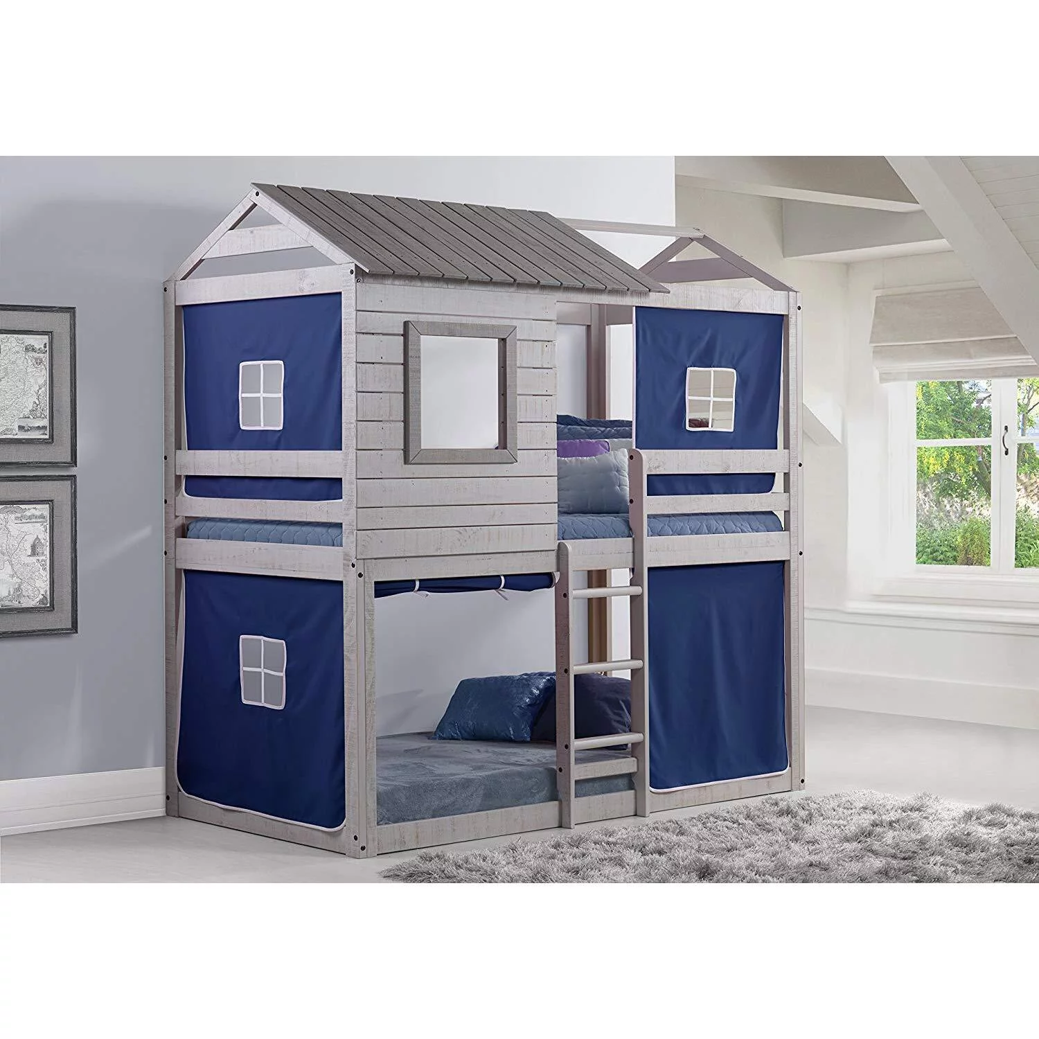 Donco Kids Deer Blind Bunk Loft Bed with Blue Tent, Rustic Grey