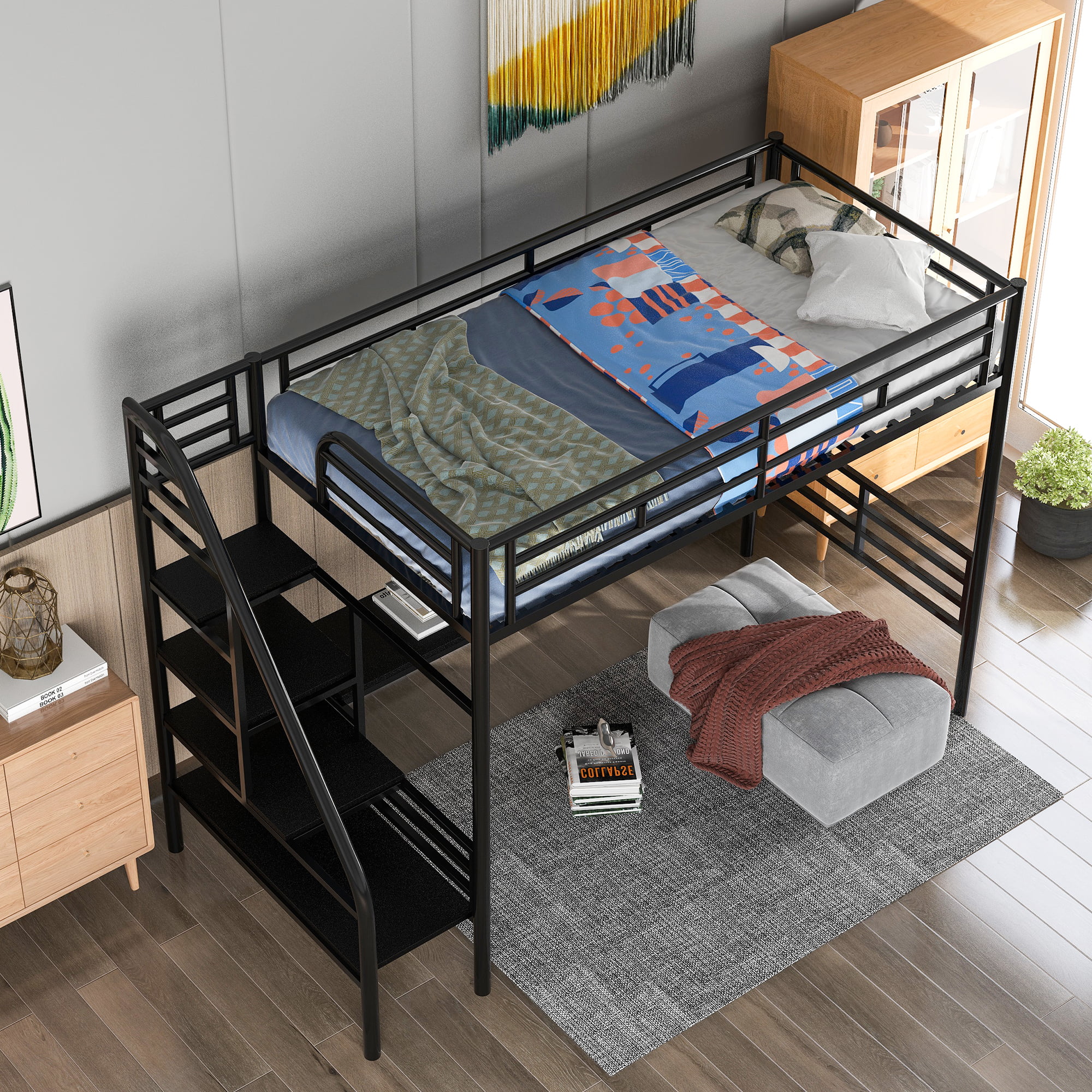 ikayaa Metal Loft Bed Frame with Desk, No Box Spring Needed,Twin ,Black