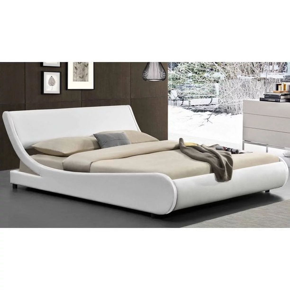 Amolife Full Size Faux Leather Low Profile Sleigh Modern Platform Bed Frame with Adjustable Headboard, White