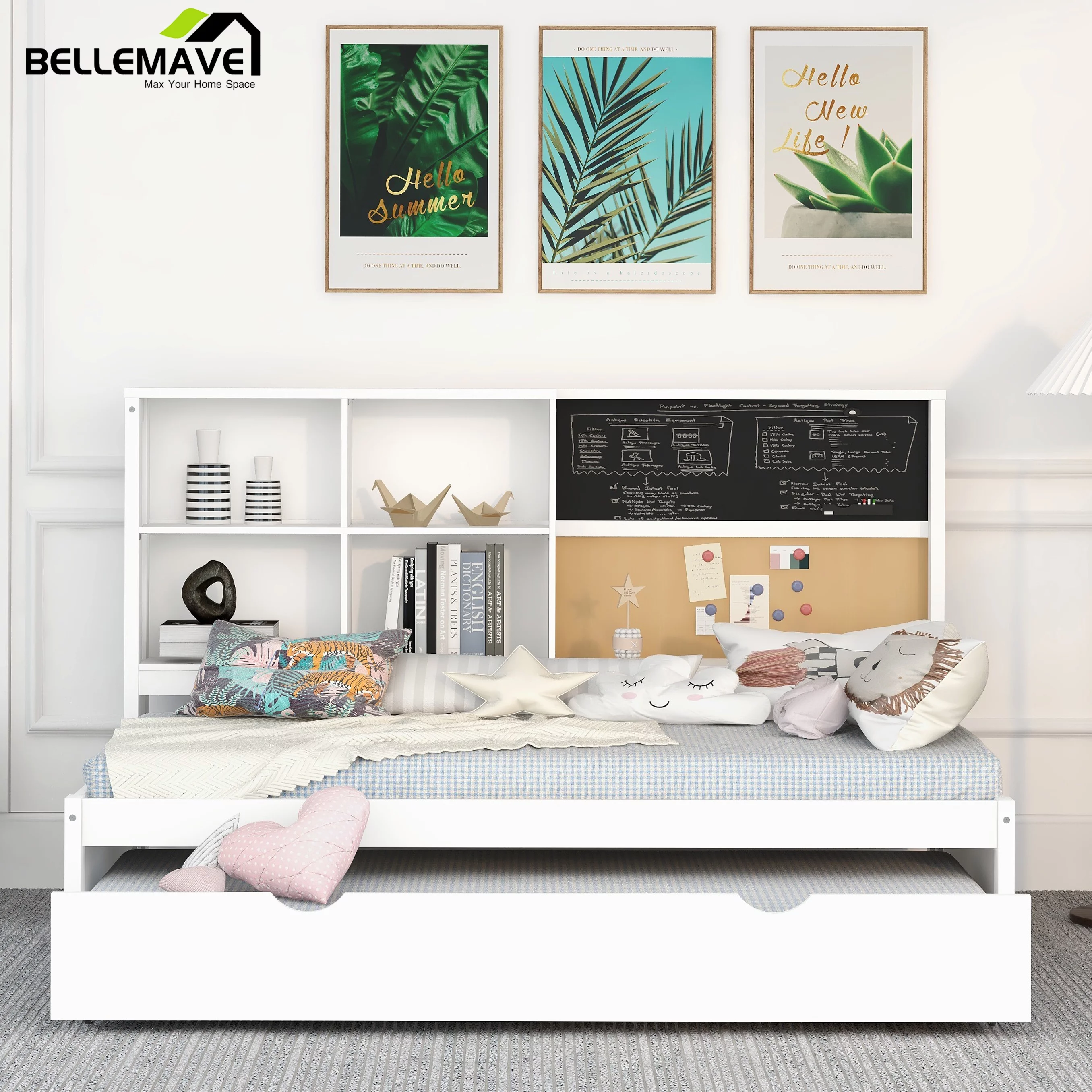 Bellemave Twin Size Daybed with Storage Shelves and Trundle Twin Platform Bed with Blackboard, Cork Board and USB Port All in One Wooden Bed for Kids, Teens, Boys, Girls, White