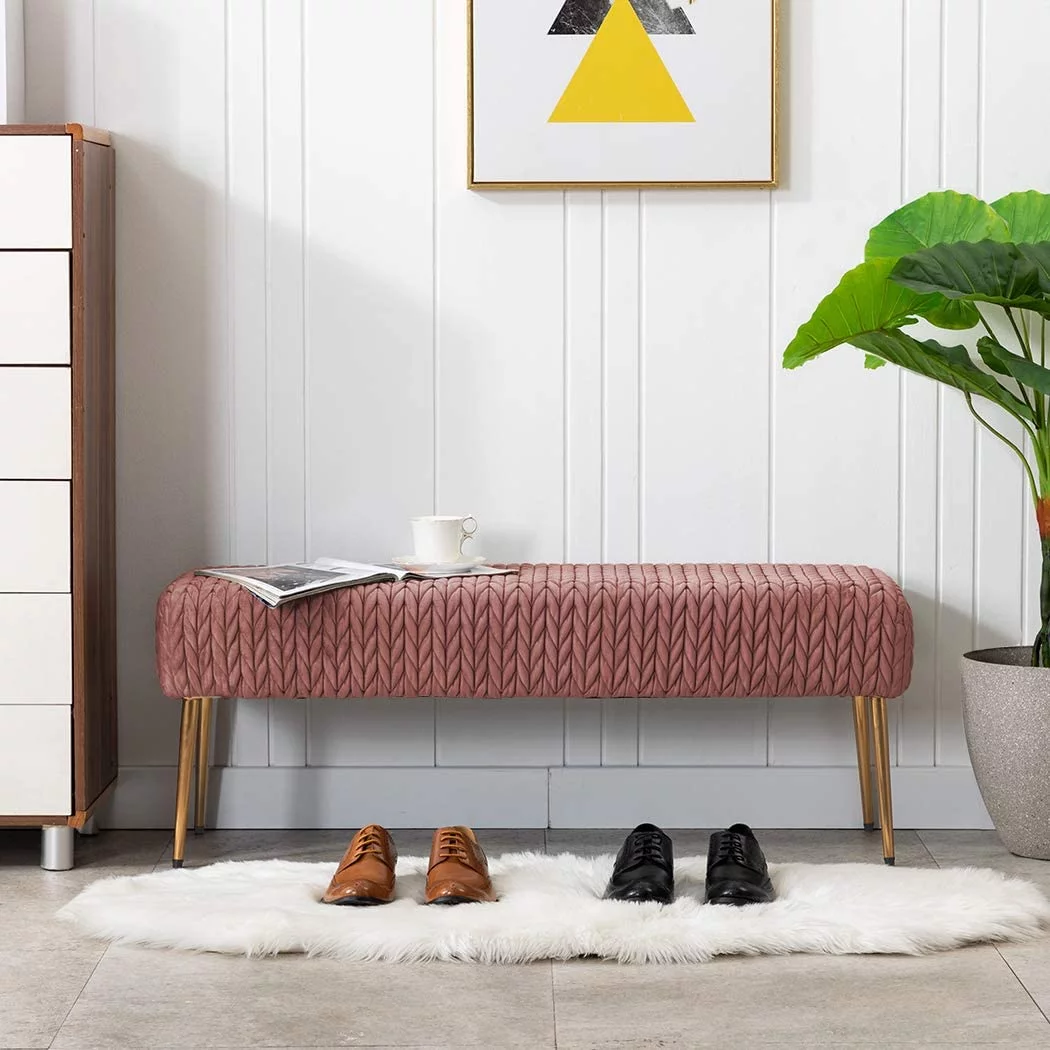 Duhome Modern Velvet Ottoman Bench, Upholstered Entryway Bench for Makeup Vanity Bedroom Bench for End of Bed with Gold Legs, Pink