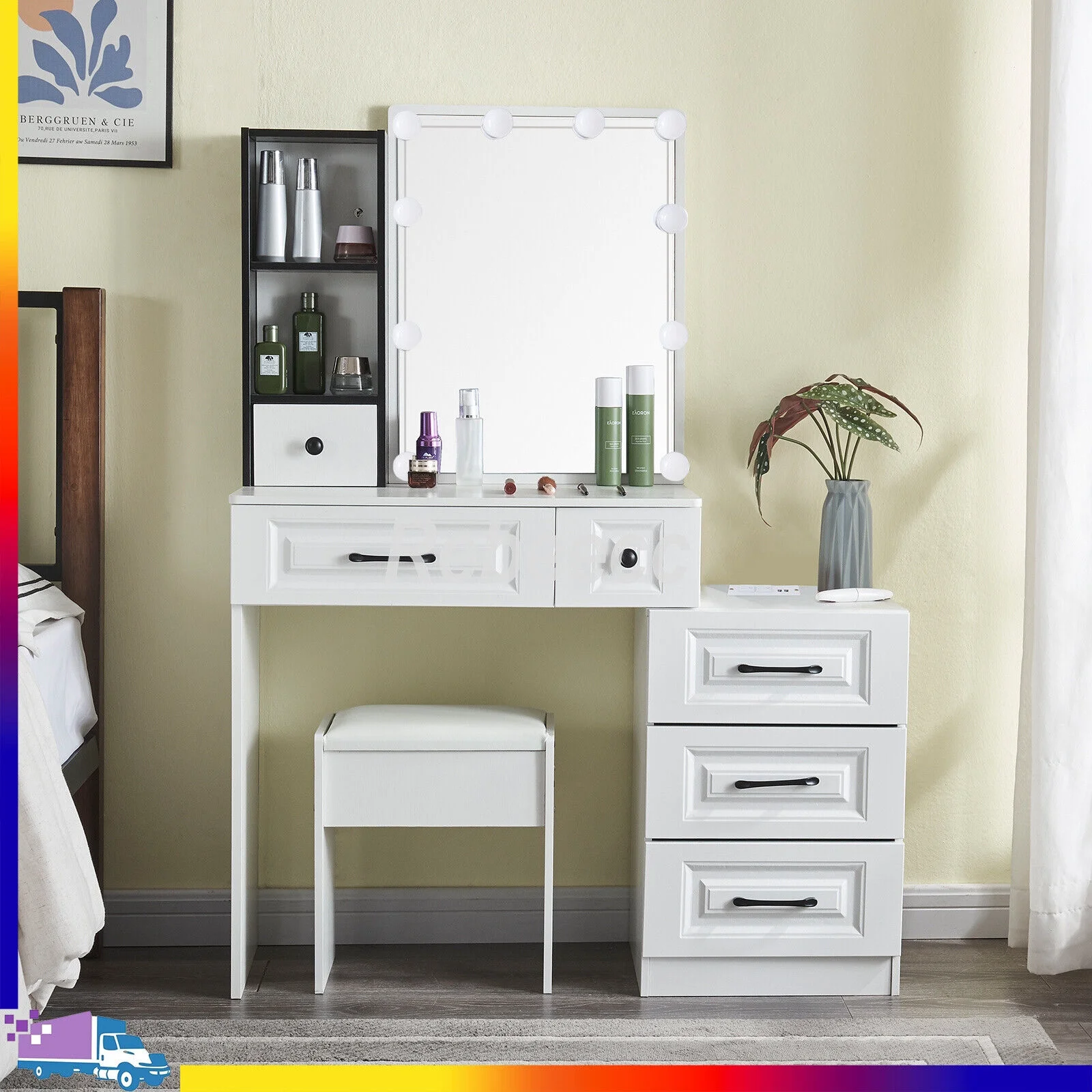 New Modern White Dressing Table Bedroom Set Makeup Desk with Mirror & Drawers US