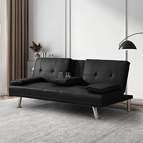 RUNFAYBIU Futon Sofa Bed  Modern Leather Living Room Sofa  Loveseat Folding Convertible Sofa  Couch Bed Sofa Pull Out with 2 Cup Holders with Armrest in The Middle(Black)