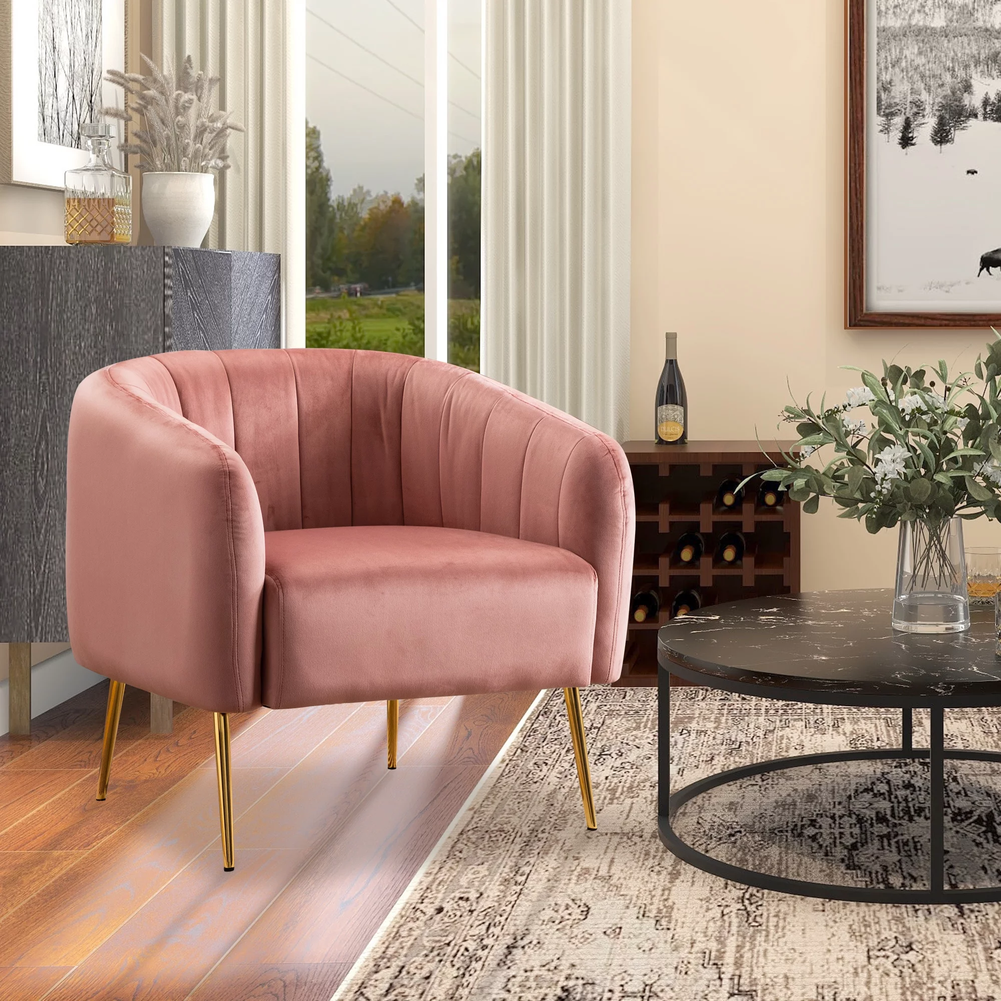 Pink Velvet Upholstered Accent Arm Chair for Living Room, Bedroom Single Sofa Tufted Barrel Chair Golden Metal Legs, Set of 1