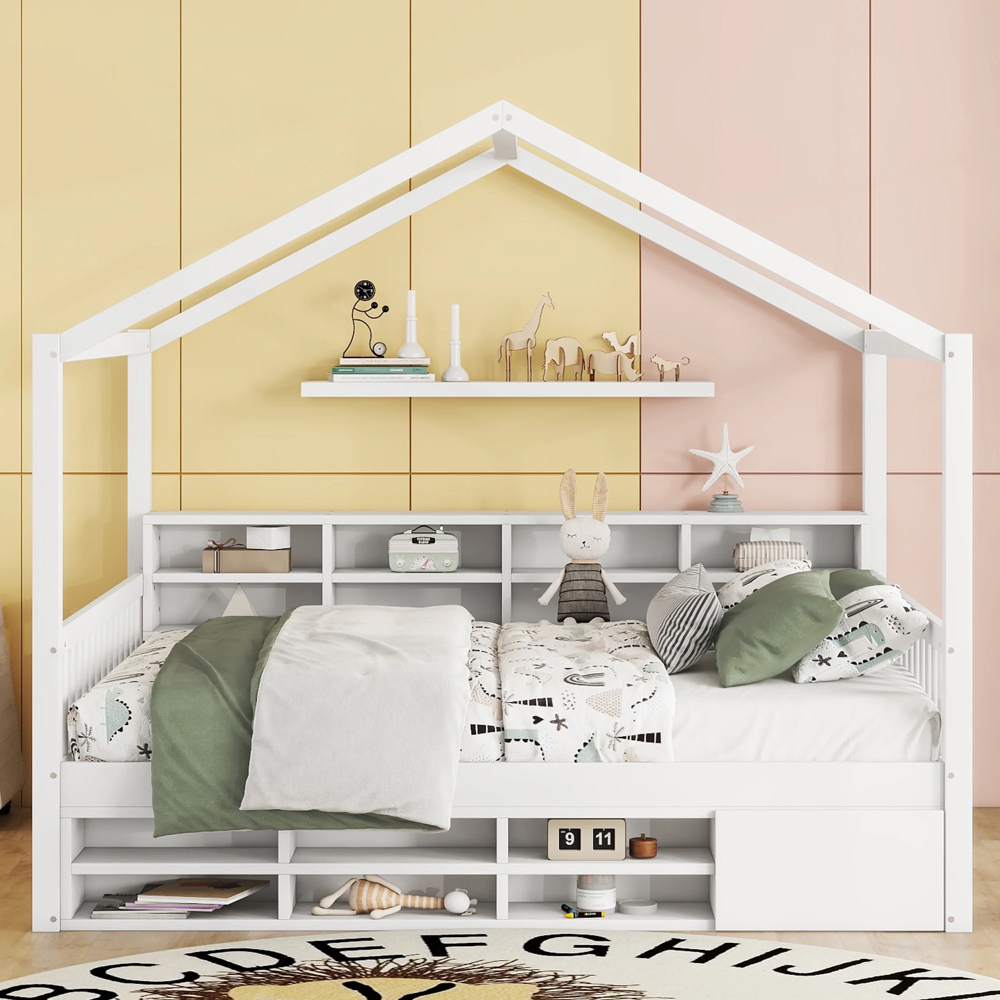 CoSoTower Full Size Wooden House Bed with Shelves and A Mini-Cabinet, White