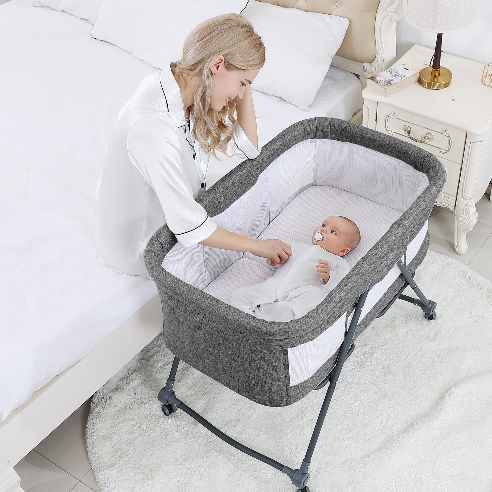 XJD Bedside Bassinet for Baby, Easy Folding, Bedside Sleeper with Wheels, with Mosquito Nets, Large Storage Bag, for Infant Baby Newborn - Gray