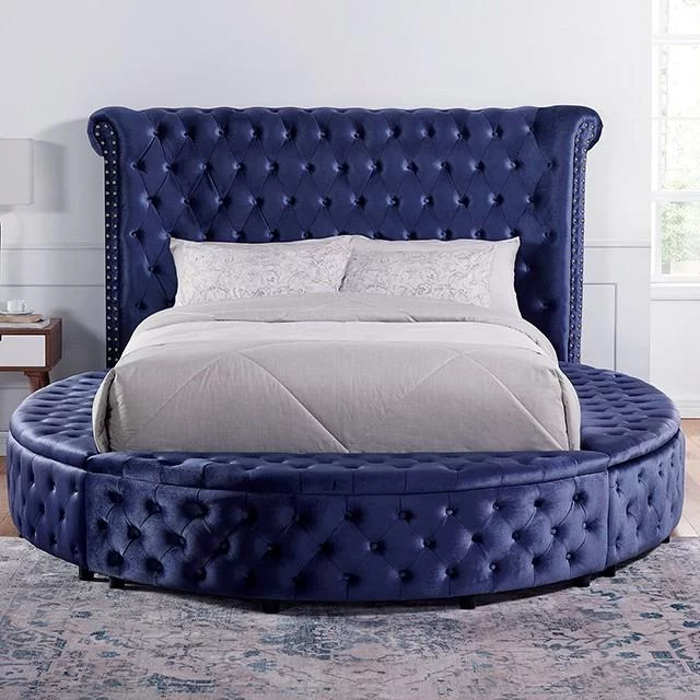 Glam Blue Velvet-Like Fabric King Bed Furniture of America CM7178BL Sansom