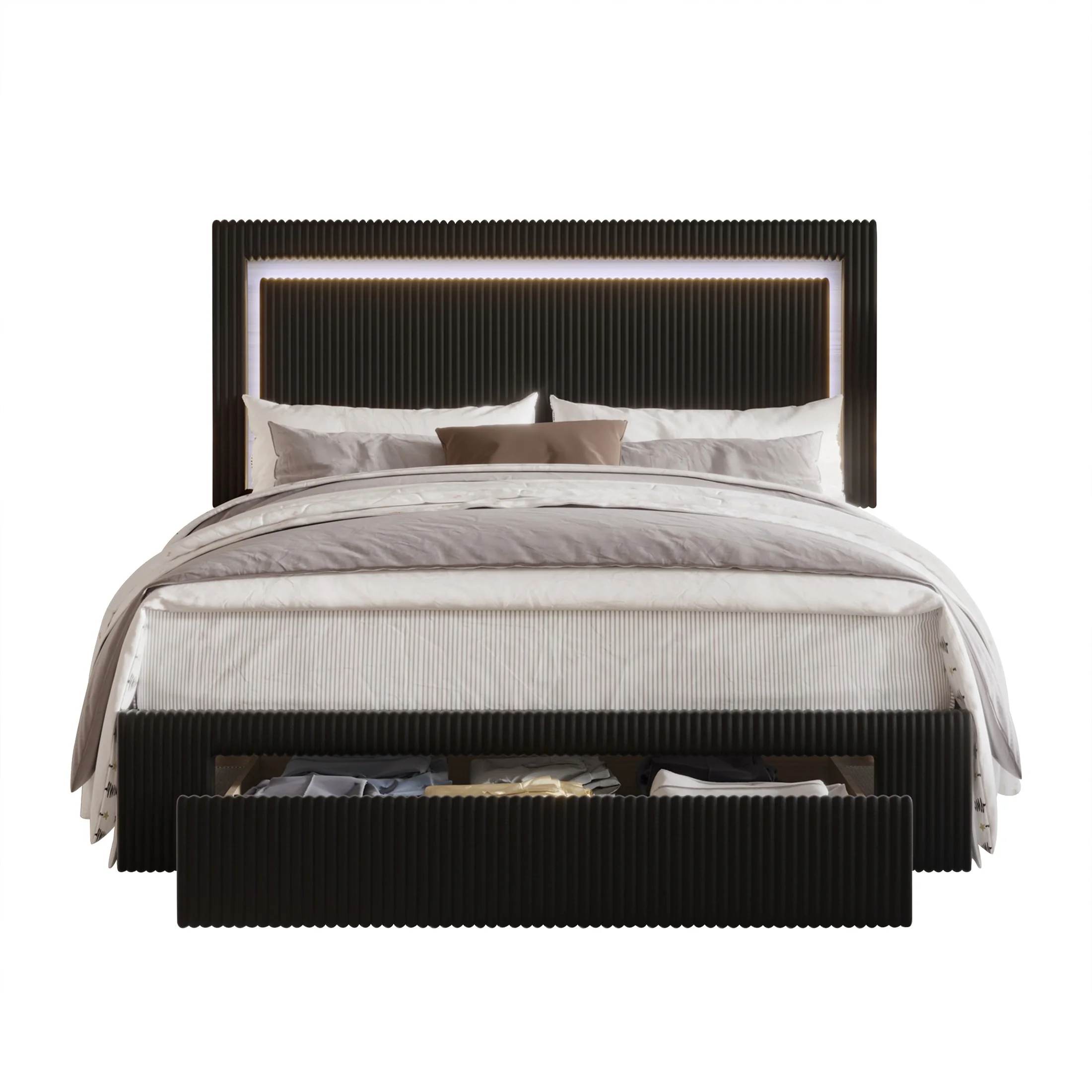 CraftPorch Velvet Tufted LED Light Platform Storage Bed Black Queen
