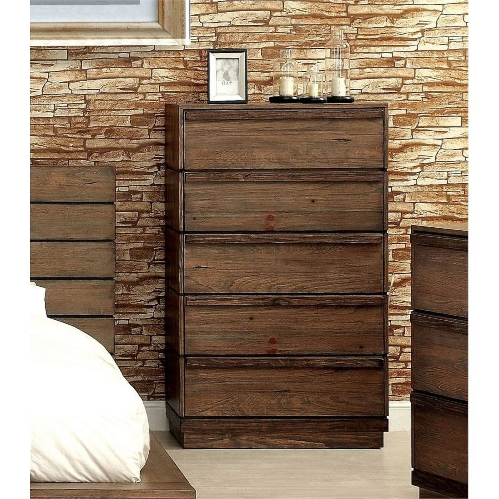 Maklaine 5 Drawers Farmhouse Solid Wood Chest in Rustic Natural