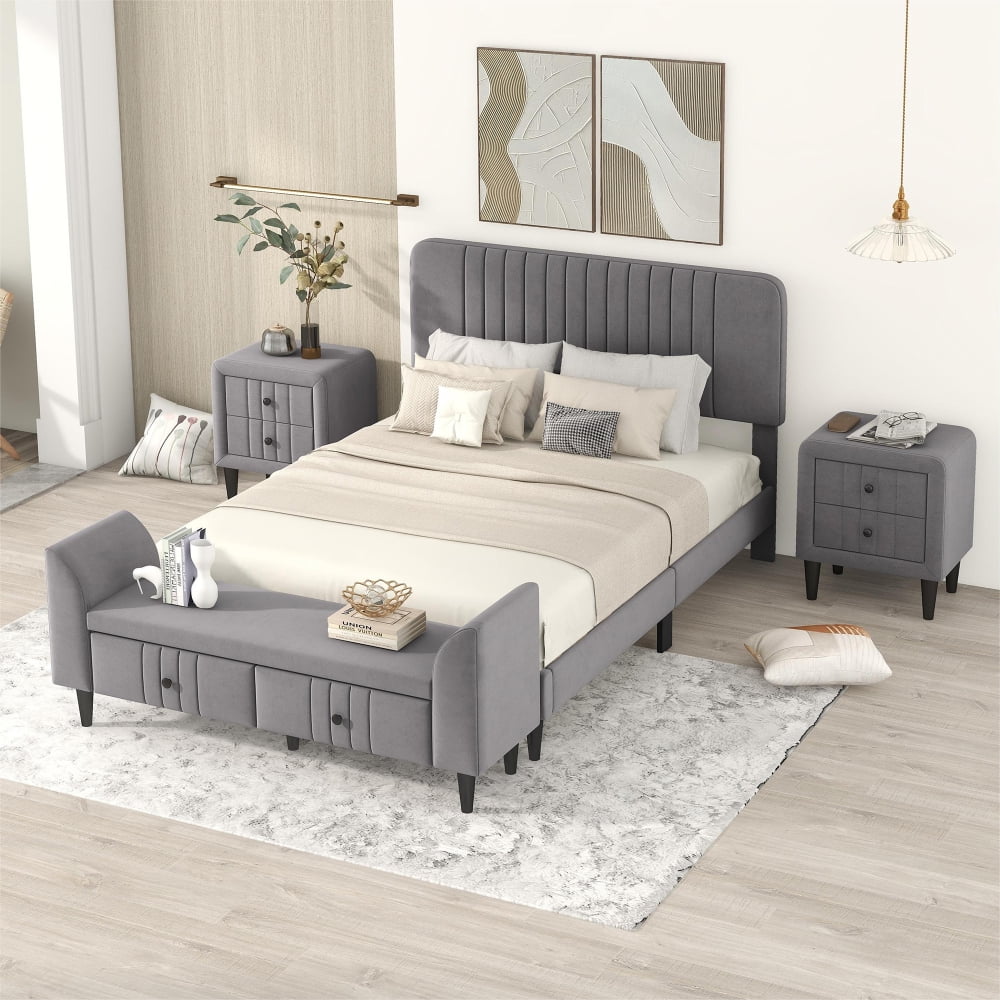 Cosymart 4-Pieces Bedroom Sets Full Size Upholstered Platform Bed With Two Nightstands And Storage Bench-Gray