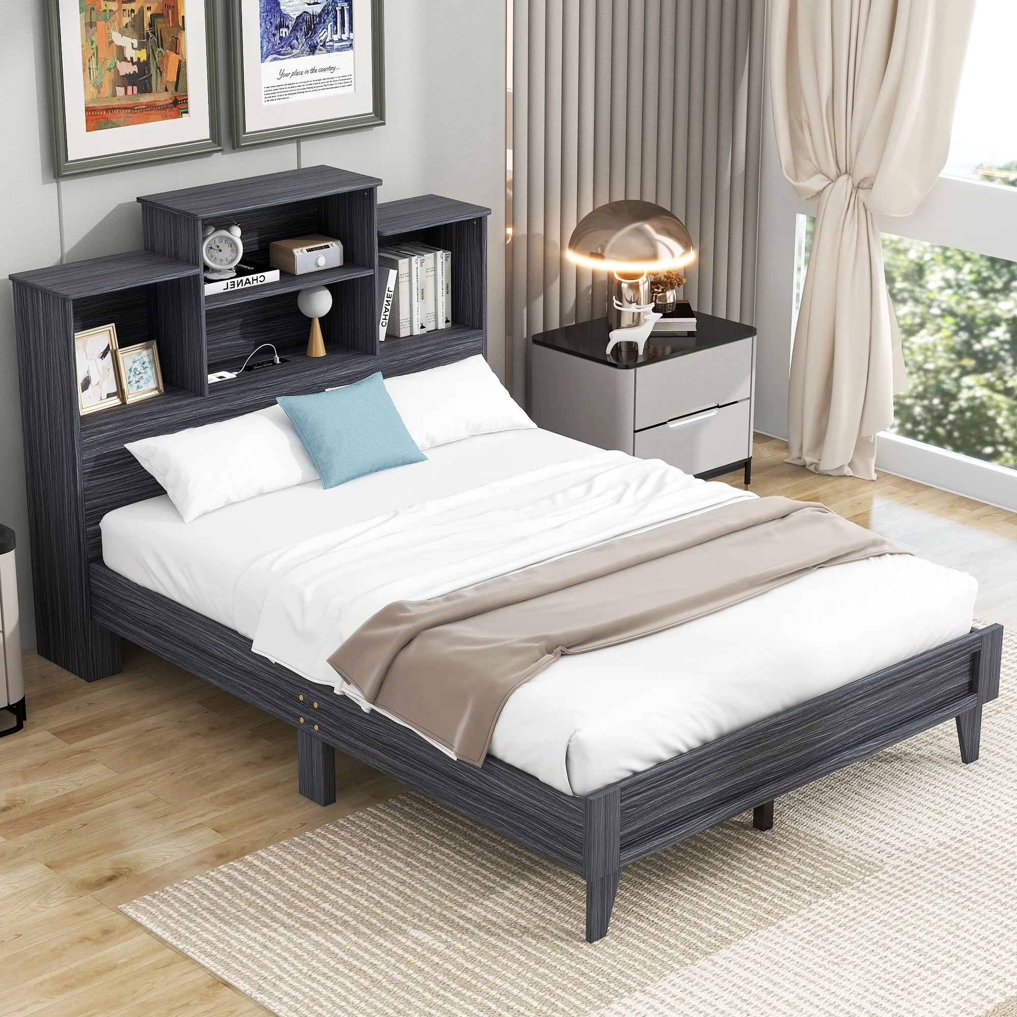 EUROCO Wood Full Size Platform Bed with Storage Headboard, Open Shelf and USB Charging for Kids Teens Adults