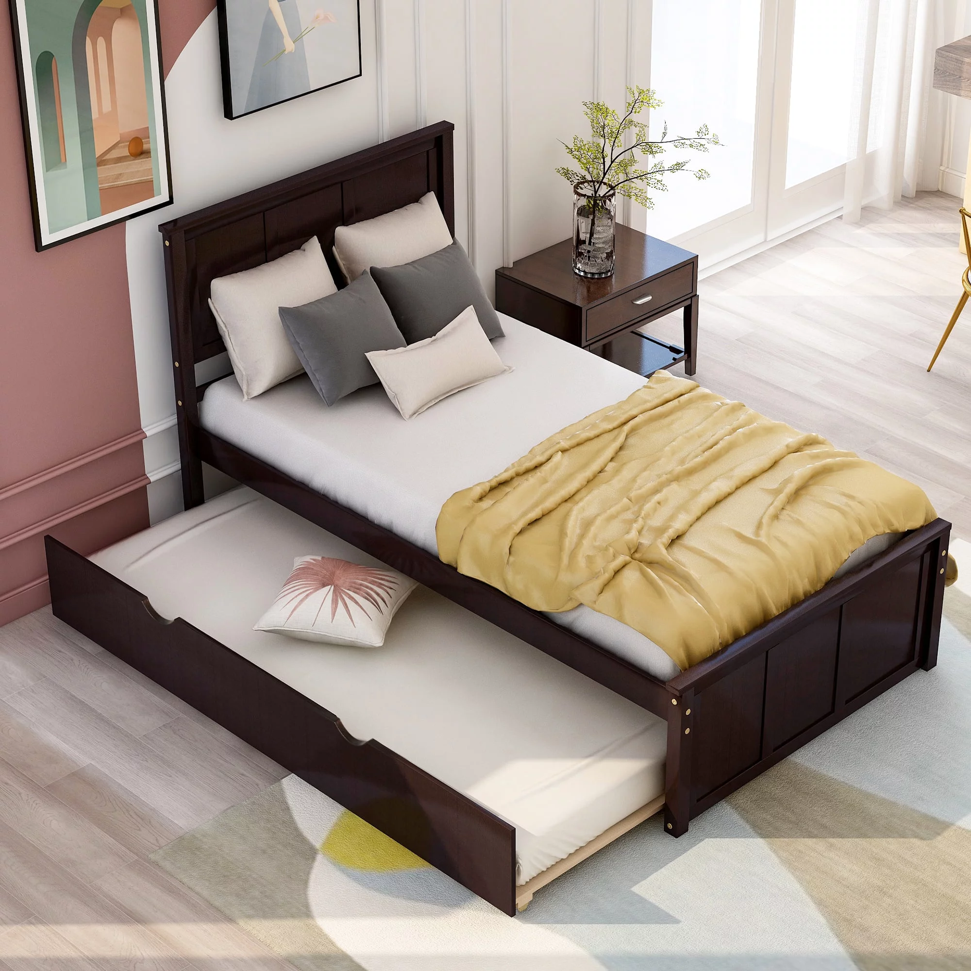 Nestfair Espresso Platform Bed with Twin Size Trundle