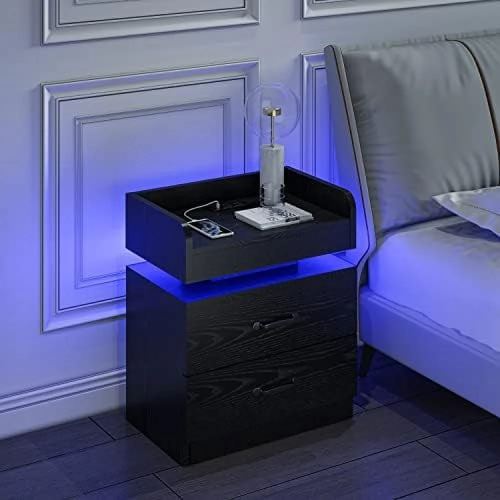 LNboomLife Nightstand with Charging Station Bedside Table with Led Light Modern End Table with Drawers LED Light Nightstand for Bedroom Living Room Black