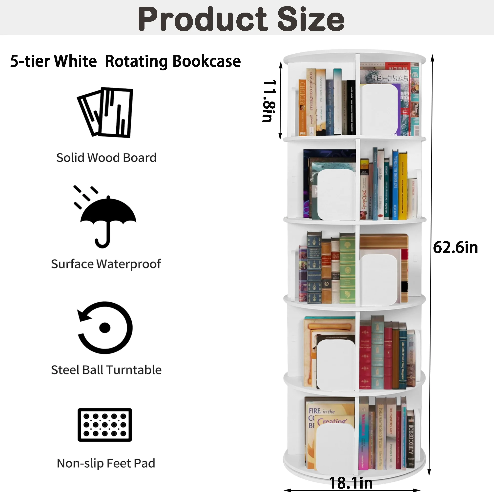 Uyoyous Rotating Bookshelf, 5 Tier 360 Degrees Corner Revolving Bookcase with 20 Shelves