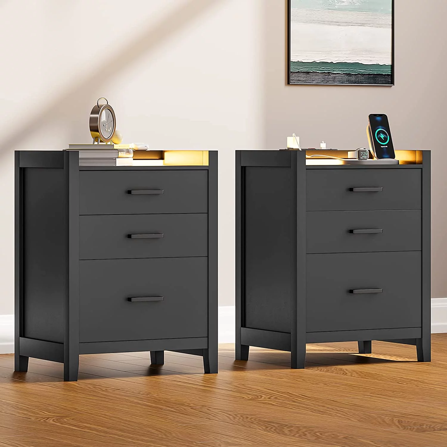2 Pieces LED Nightstand, 3 Drawers Bedside End Table with Charging Station for Modern Bedroom/Living Room, Black