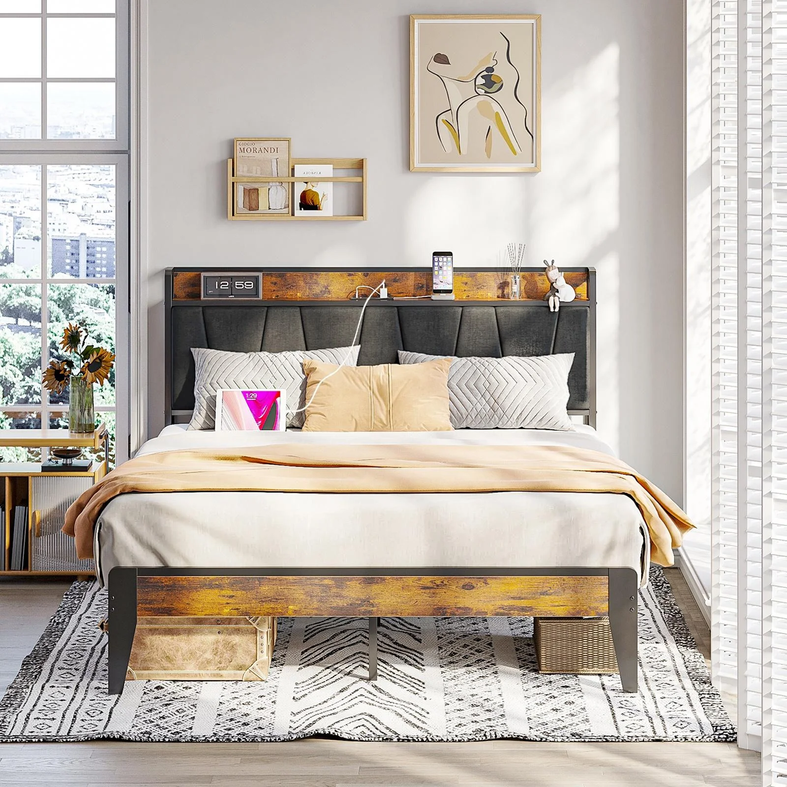 BaPiPro Queen Size Bed Frame Platform with Upholstered Headboard, 2 Charging Station and Outlets & USB, Rustic Brown