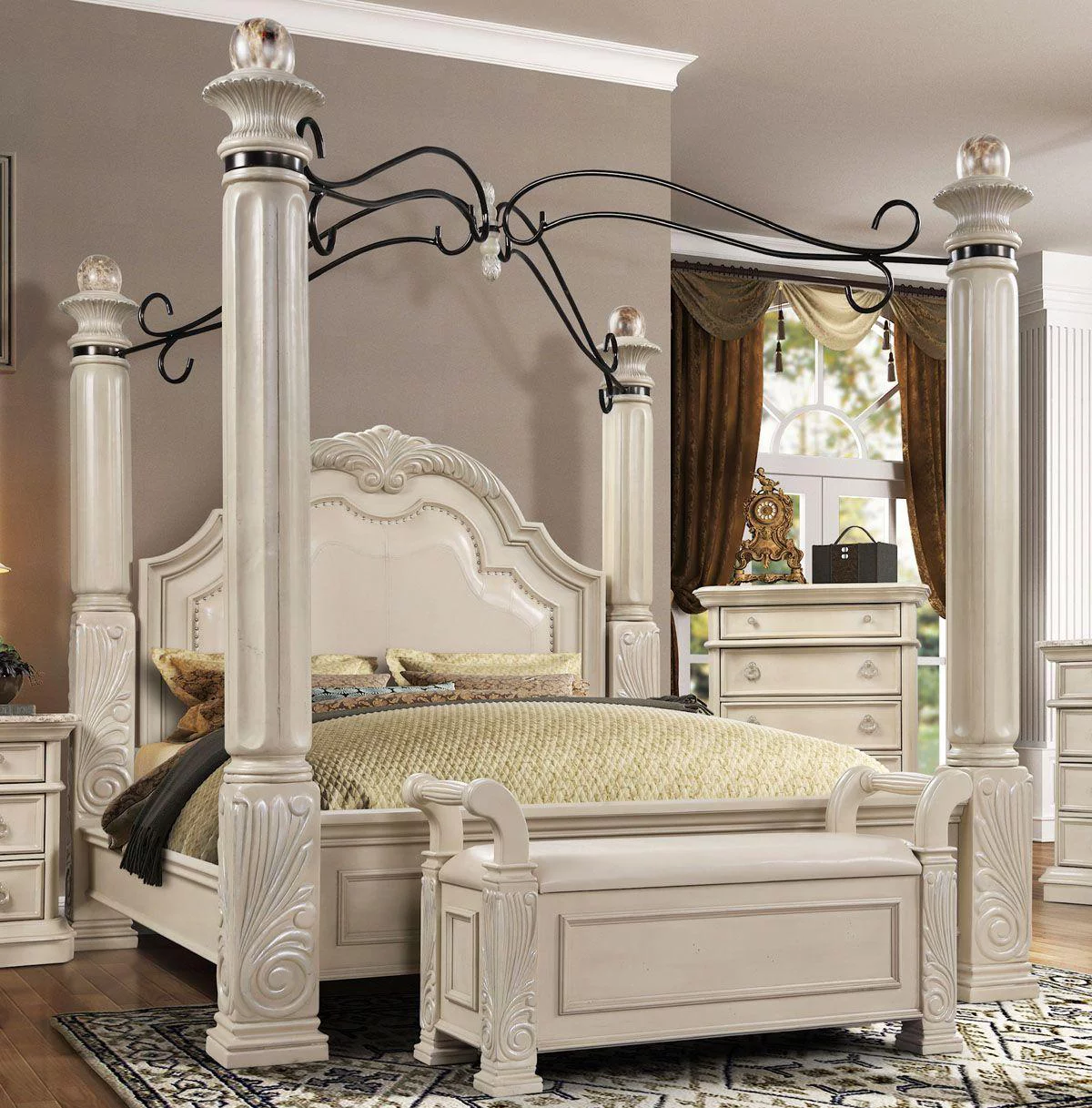 Antique White Solid Hardwood Queen Canopy Bedroom Set 6Pc McFerran B6006 Classic