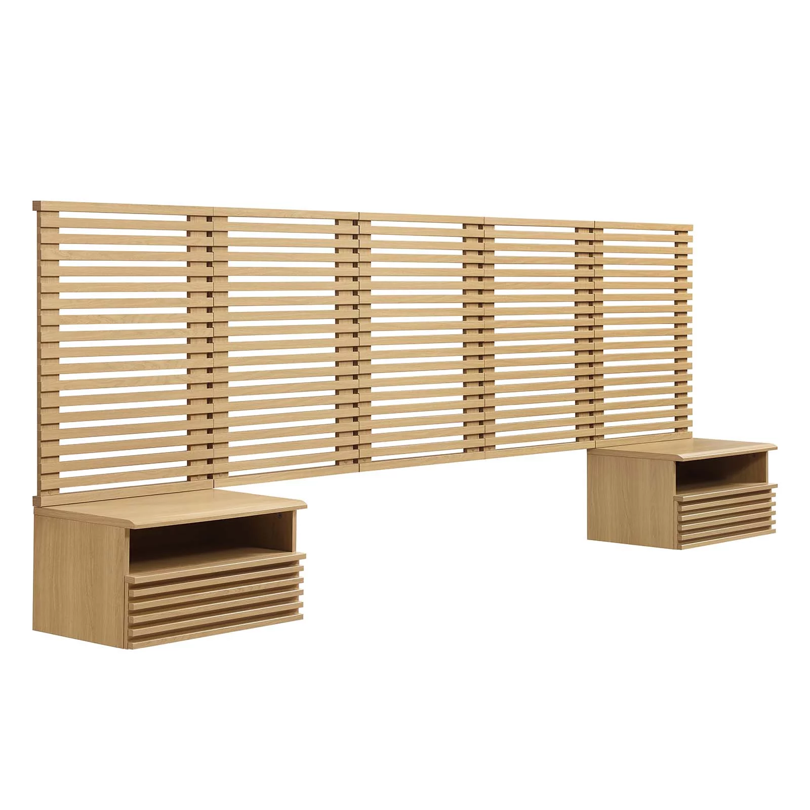 Modway Render Wall Mount Queen Headboard and Modern Nightstands in Oak