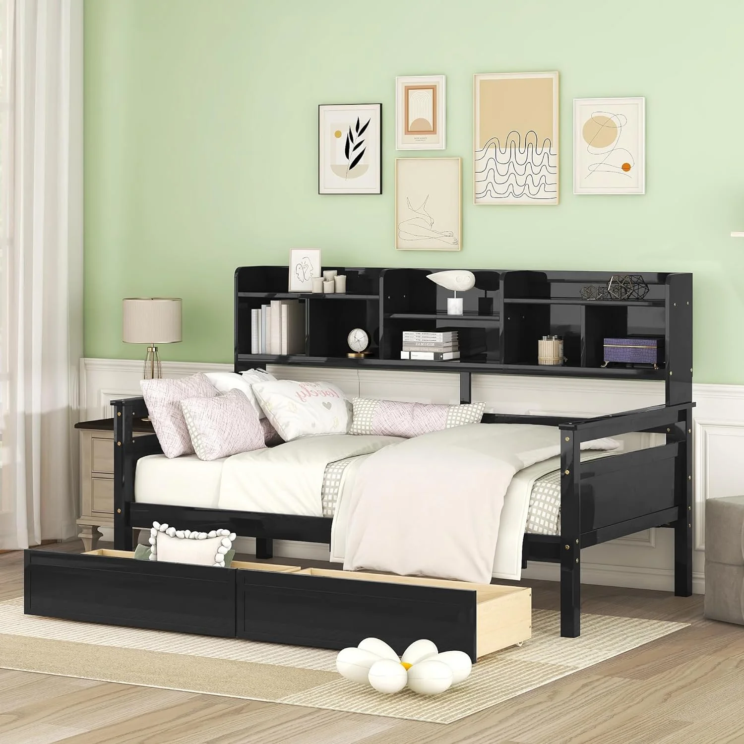 Size Daybed Wih Bookcase Ad Drawers, Wood Daybed Wih Sorage Headboard, Daybed Frame Wih Slas Suppor For Kids ees Aduls, Espresso