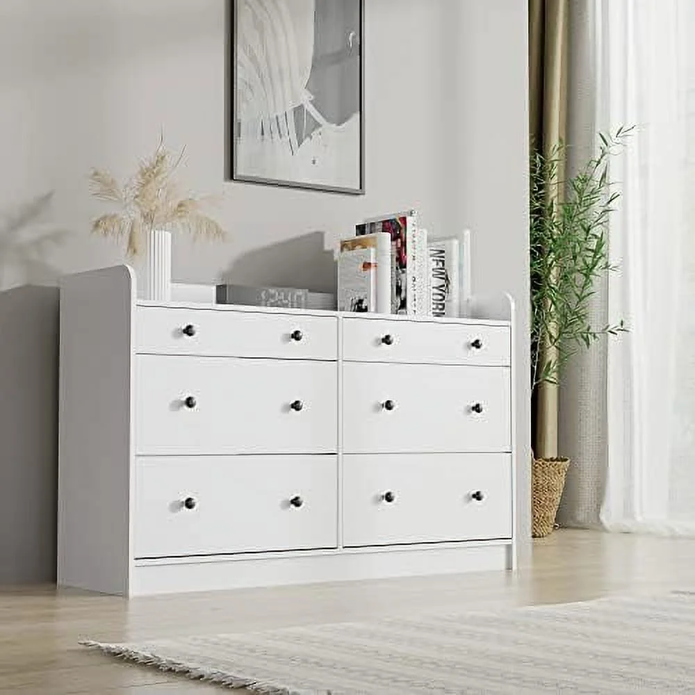 xrboomlife White 6 Drawer Double Dresser Wooden Dressers & Chests of Drawers with Double Anti-Tilt Devices for Bedroom 15.7" D x 52" W x 33.1" H