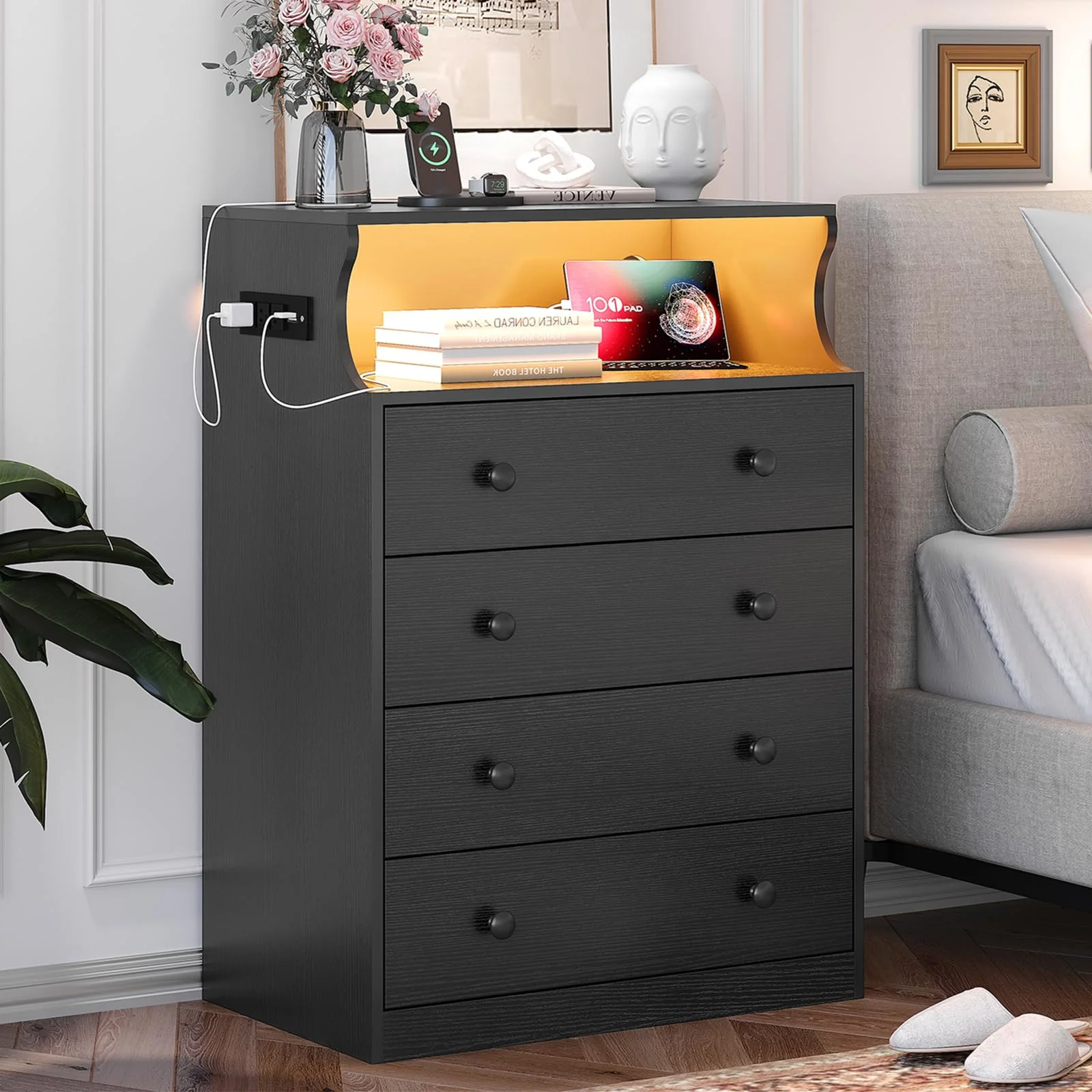 Weiplehoom Dressers for Bedroom with Charging Station and LED Light, Black 4 Drawer Chest of Drawers