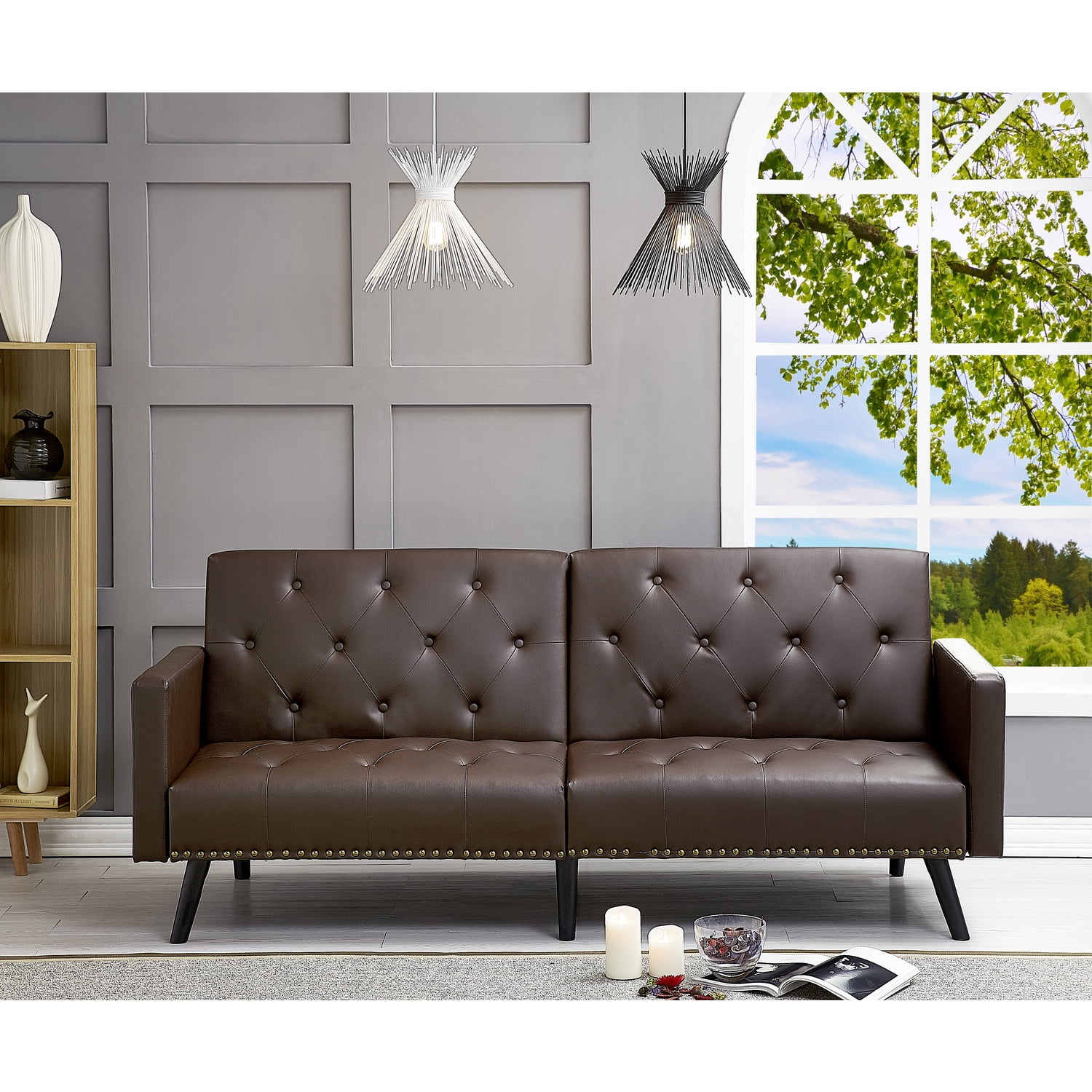 Naomi Home Convertible Tufted Split Back Futon Sofa-Color:Espresso,Fabric:Faux Leather