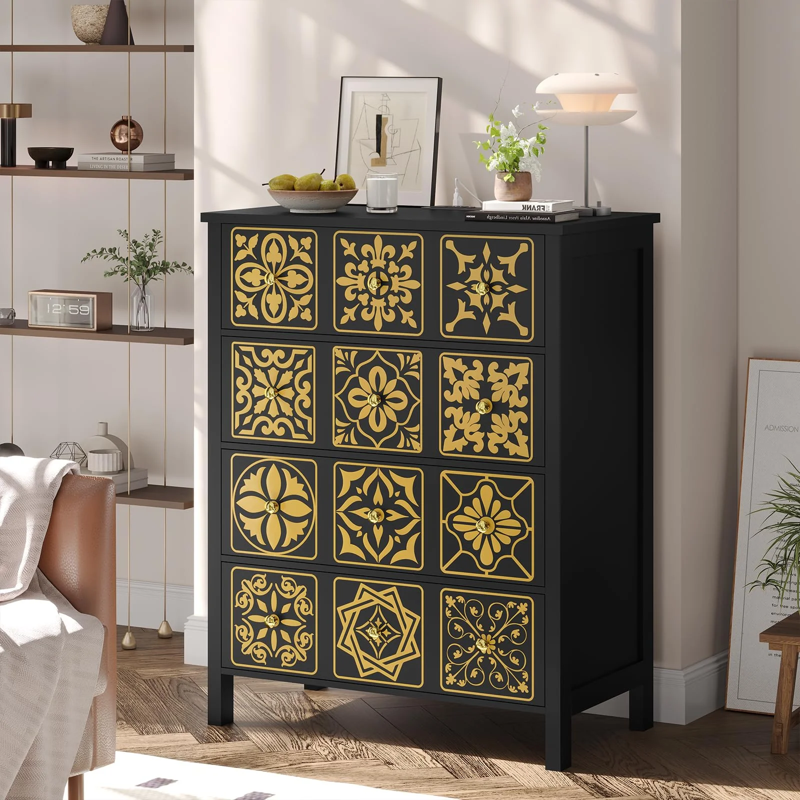 4 Drawers Dresser, Boho Chest of 4 Drawers Dresser with Charging Station for Bedroom, Living Room, Black