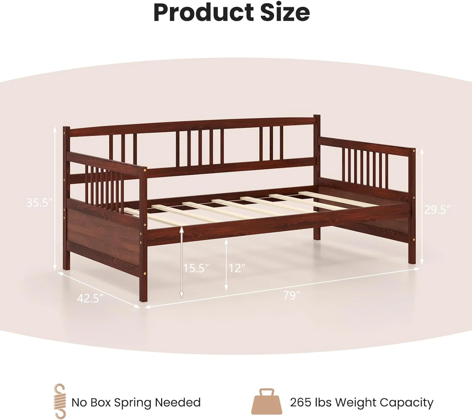 Twin Daybed Frame, Wooden Sofa Bed Guest Bed with Rails & Wood Slat Support, Dual-use Twin Size Platform Bed Frame for Living Room Bedroom, No Box Spring Needed, Cherry