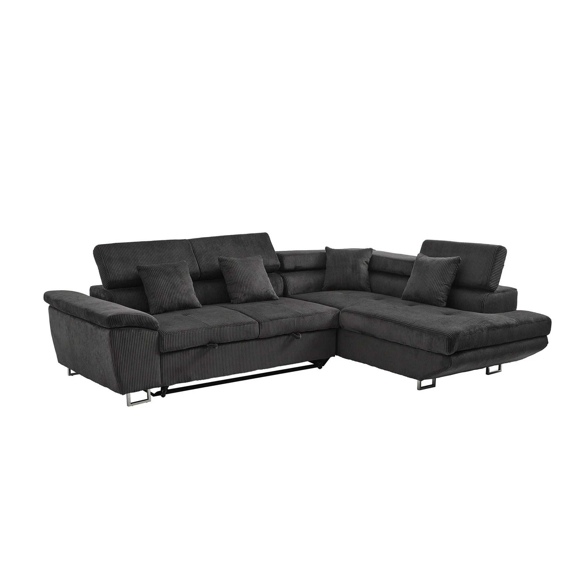 Noodeniya Corner Sofa Couch Pull-Out Bed with Storage Chaise, Convertible Sleeper Sofa Bed, L Shaped Corduroy Right Corner Couch for Living Room, Gray