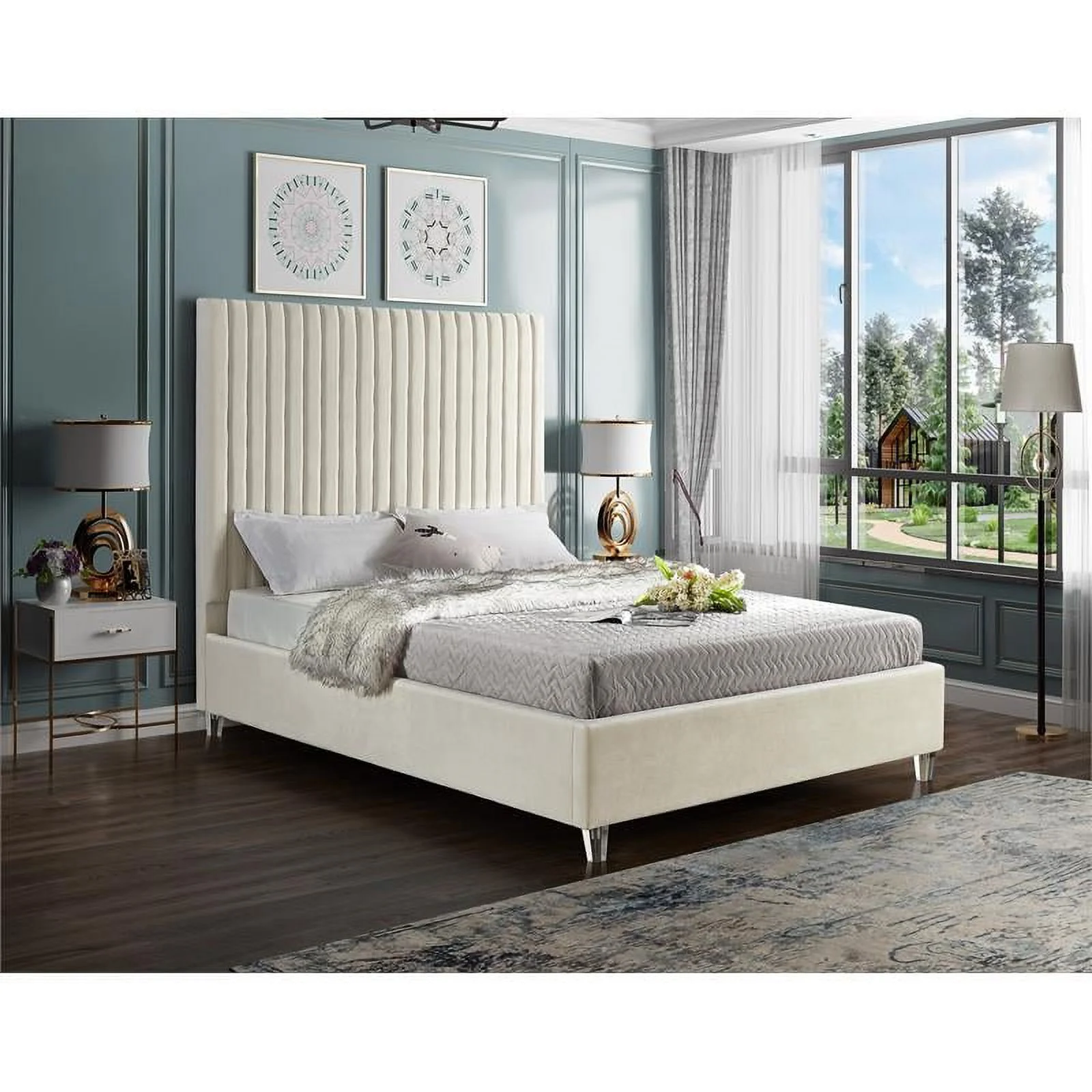 Maklaine Modern Velvet Fabric Upholstered Deep Channel Tufted King Bed in Cream
