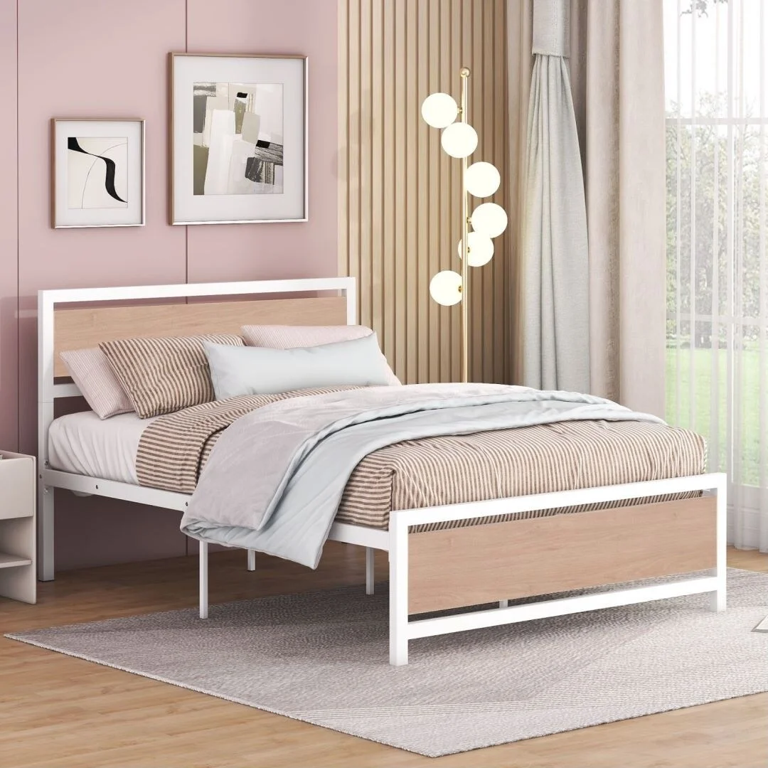 Queen Size Metal and Wood Platform Bed with Headboard and Footboard White - Full