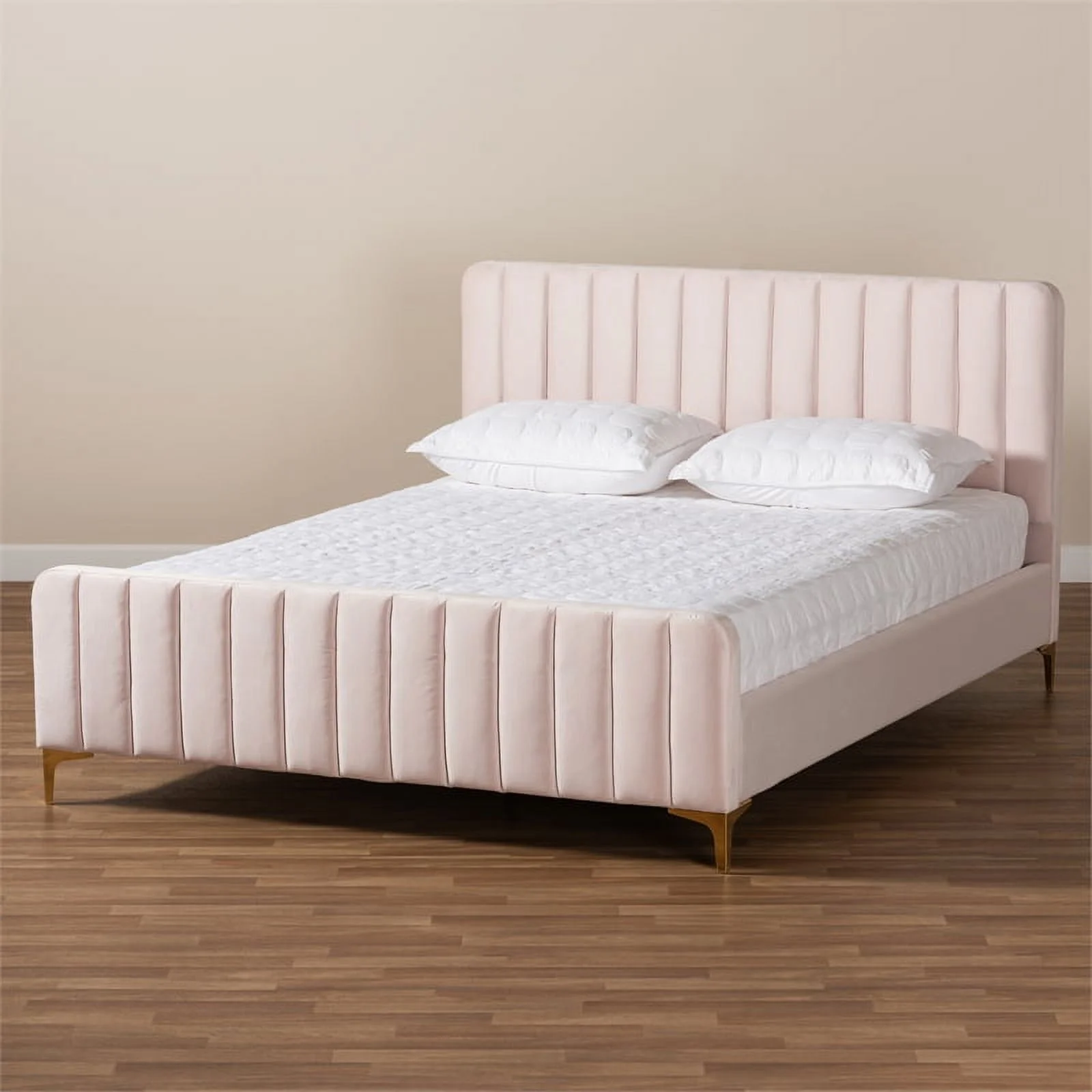 Bowery Hill Pink Fabric Upholstered and Gold Finished King Size Platform Bed