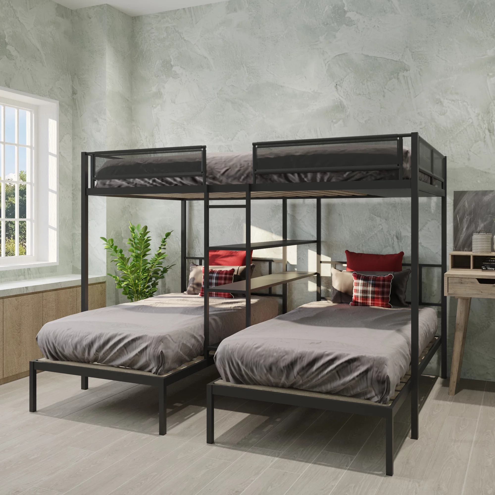CoSoTower Metal Full Over Twin Beds with Shelves/ Sturdy Metal Frame/ Noise-Free Wood Slats/ Comfortable Textilene Guardrail/ Bunk Bed for Three/ Built-In 3-Tier Shelves/ No Box Spring Needed