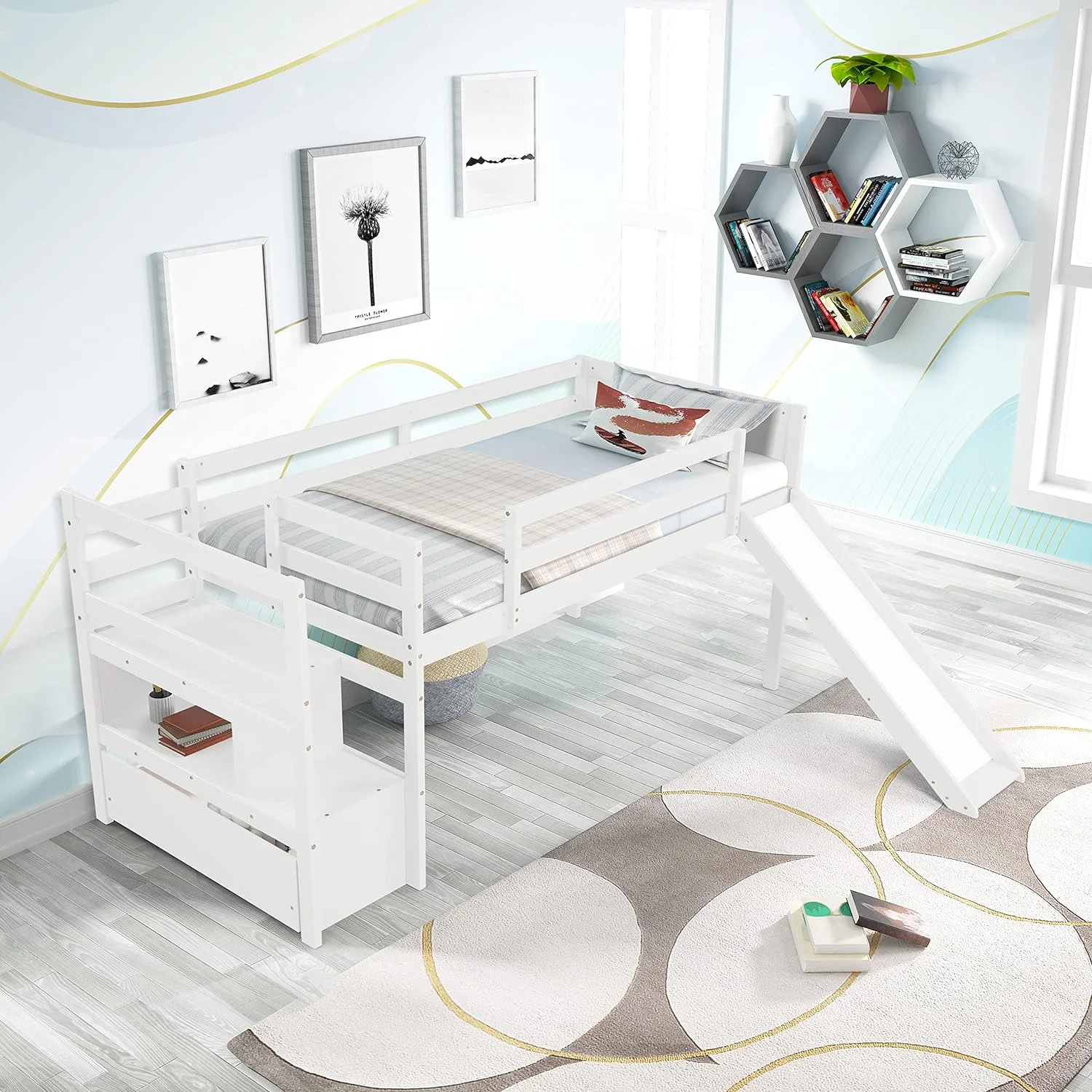 Moder White Loft Bed With Large Storage Space,Solid Wood Low Bed Frame With Guardrail,Stair,Kids Bed With Slide,Space Savig Bed For Bedroom,Easy Assemble