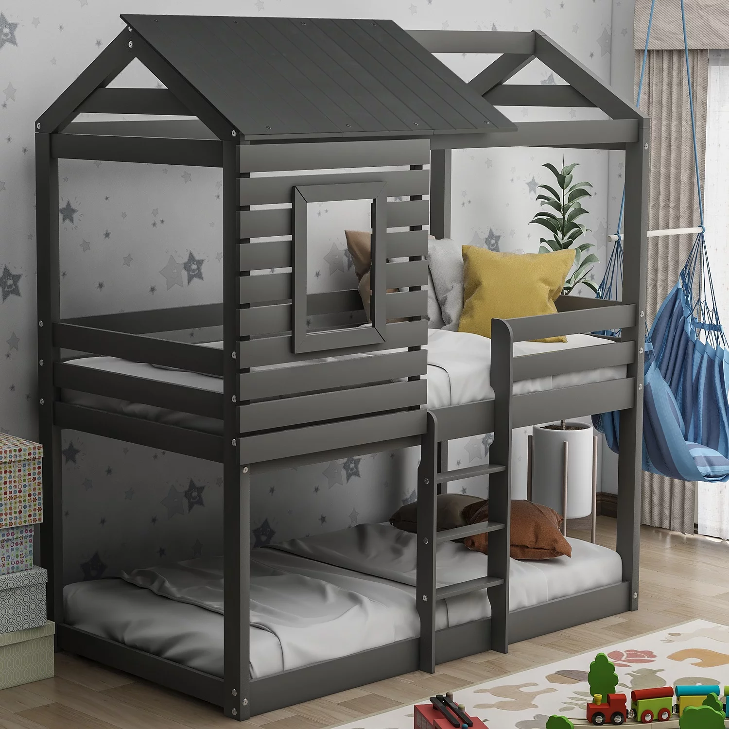 Low Bunk Beds Twin Over Twin Size, Wood Bunk Beds with Roof, Window, Guardrail, Ladder for Kids, Teens, Girls, Boys