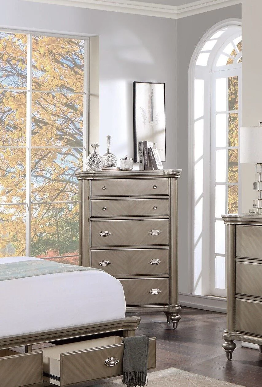 Bedroom Furniture 6pc Set Est King Size Bed w Storage Drawers FB Dresser Mirror Nightstands Chest Grey Wooden Classic HB FB