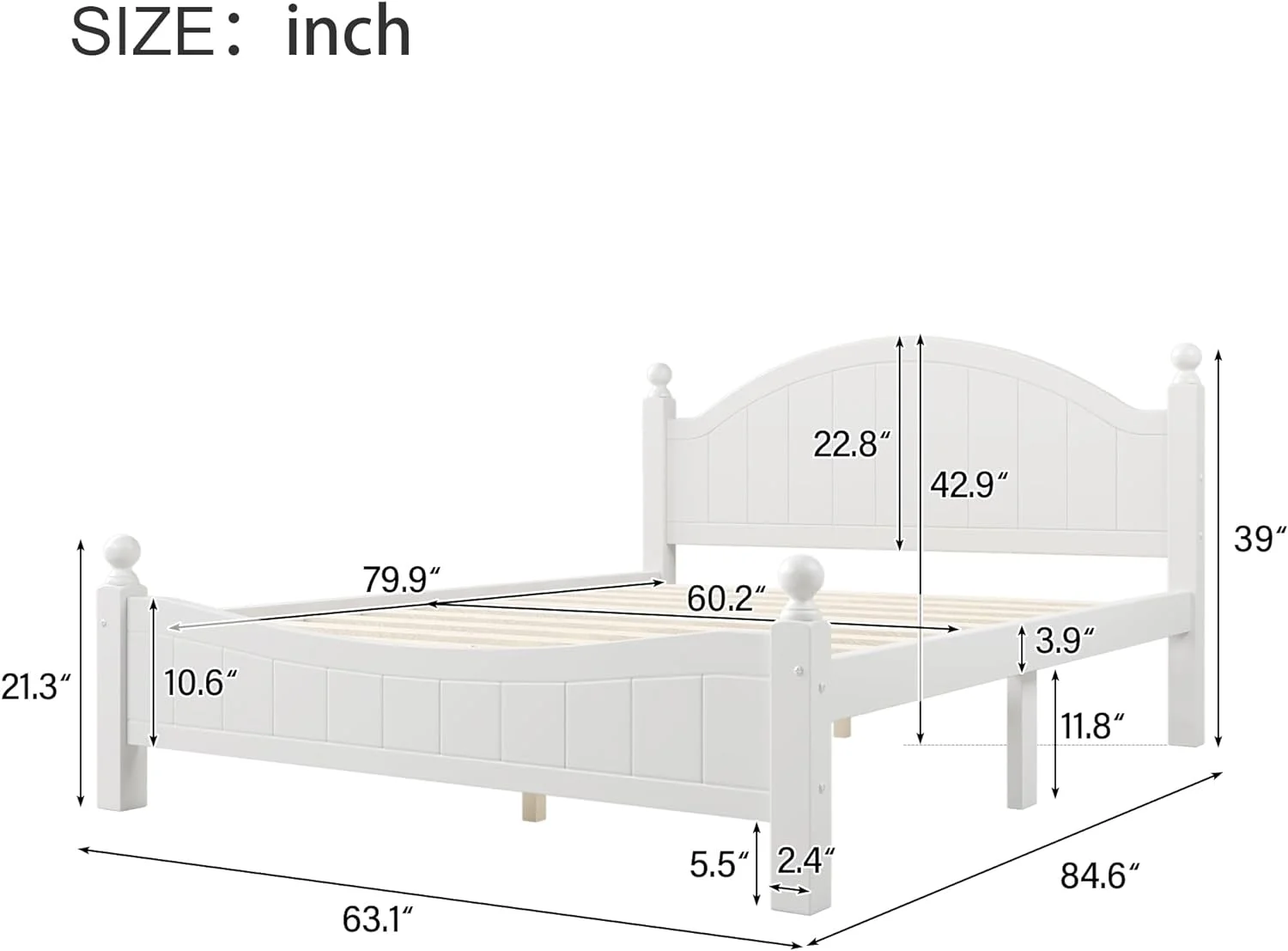 Quee Size Plaform Bed, Woode Plaform Beds Wih radiioal Cocise Syle, Woode Bed Frame For Bed Room, o Box Sprig eeded (Whie)