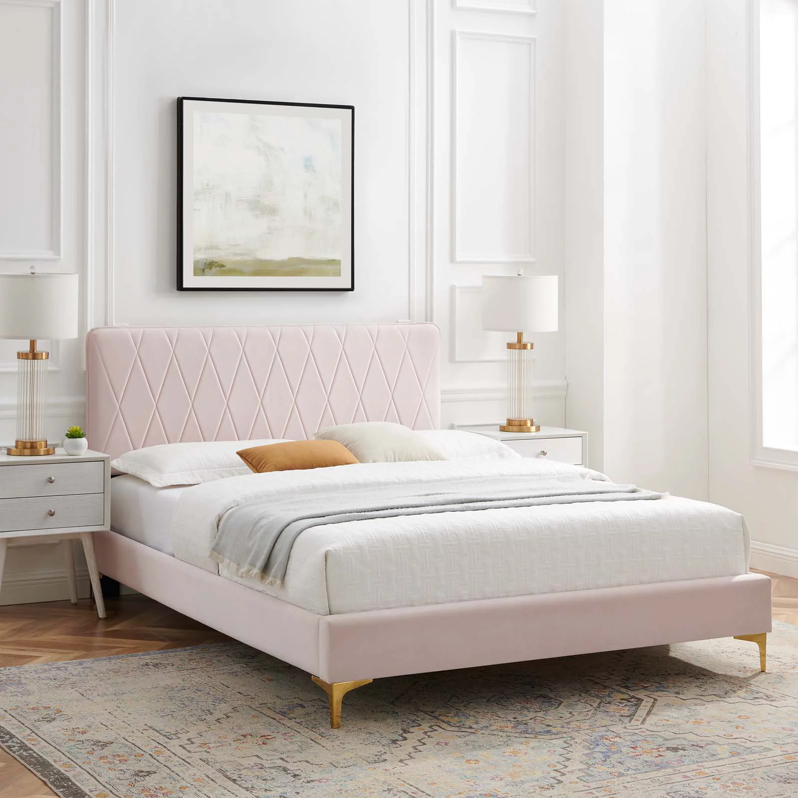 Platform Bed Frame, King Size, Velvet, Pink, Modern Contemporary Urban Design, Bedroom Master Guest Suite