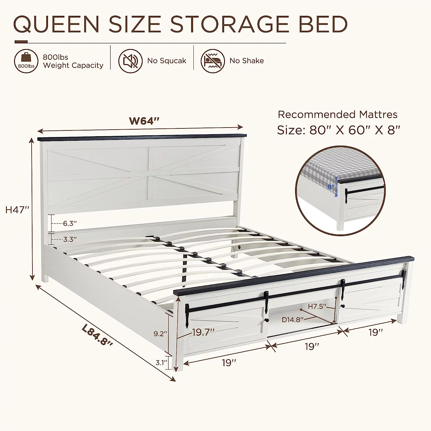 T4TREAM Farmhouse White Queen Size Platform Bed Frame with Headboard and 3 Barn Door Storage Cabinets, No Box Spring Needed, Mattress Not Included
