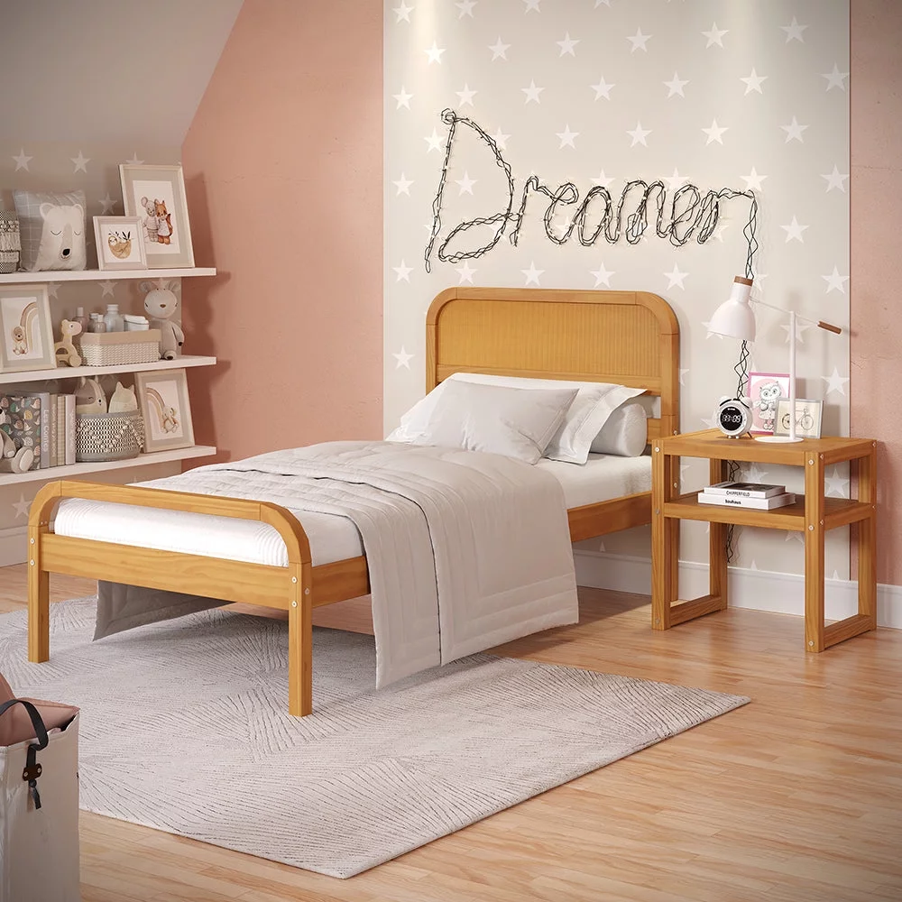 P’kolino Curva Rattan Kids Twin Bed Frame with Headboard- FSC Certified Solid Pine Wood- Natural