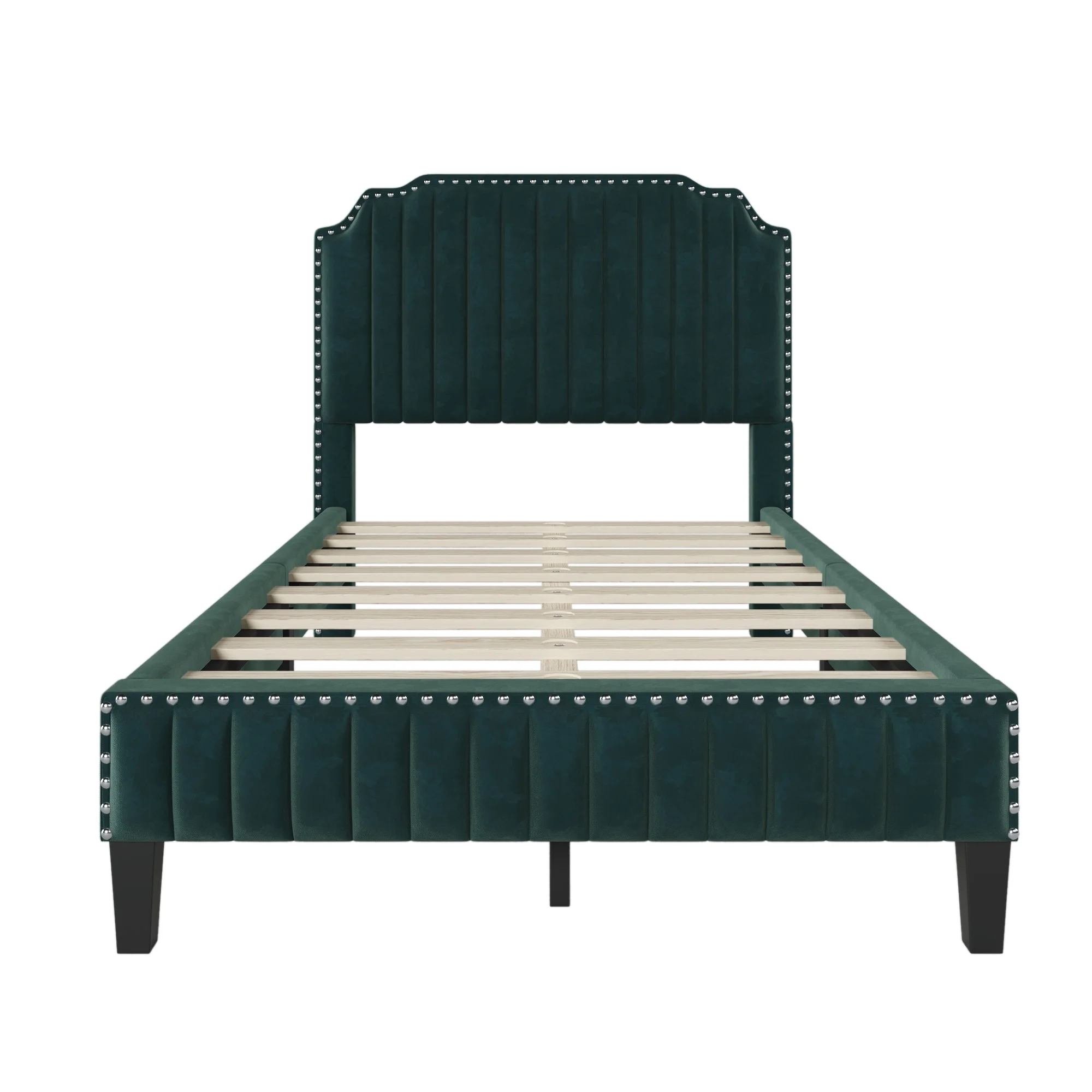 Linen Upholstered Bed Frame, Vintage Wood Platform Bed Frame with Nailhead Trim & Upholstered Headboard, Slat Support Foundation Green - Full