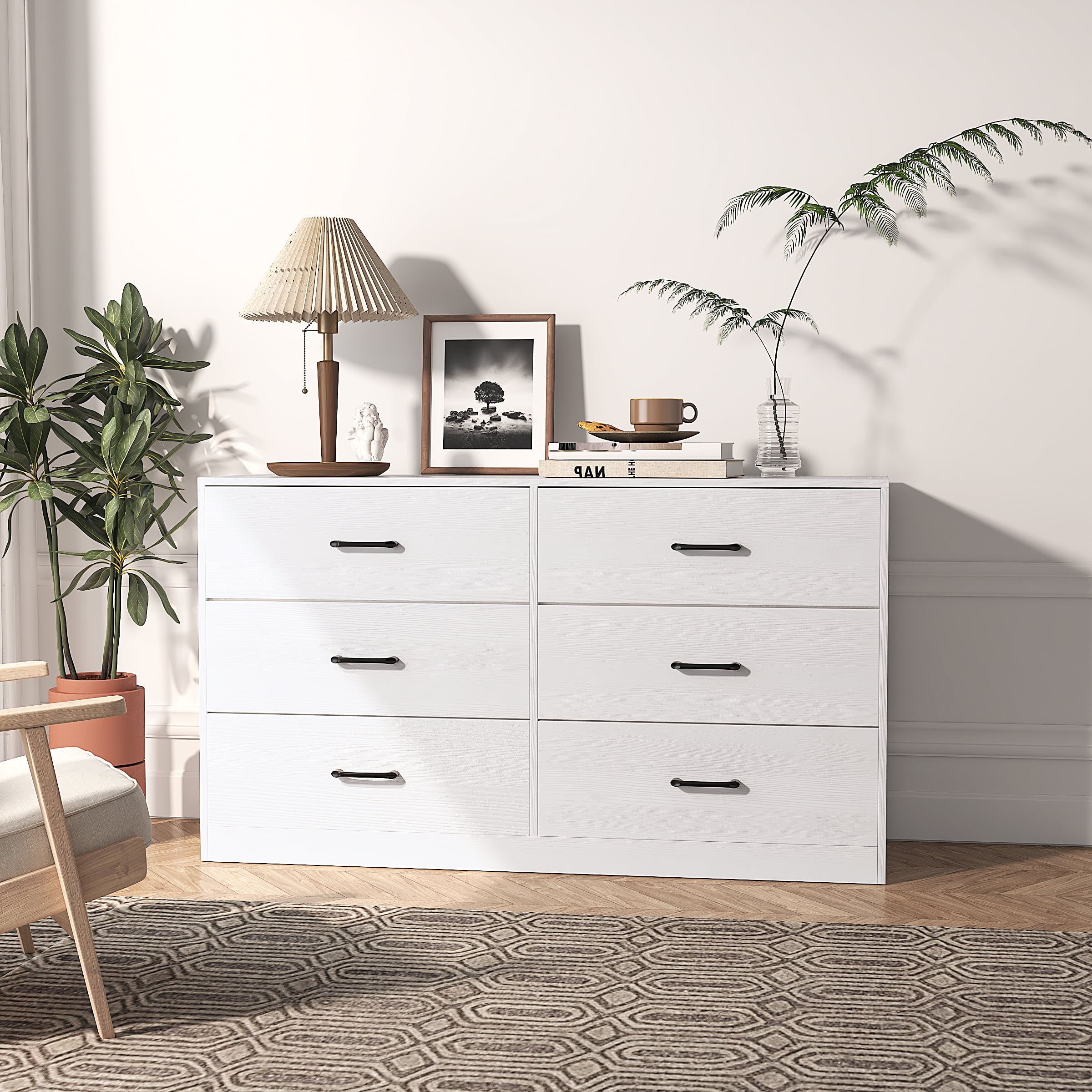 Oufan 6 Drawer Dresser for Bedroom, Modern Chest of Drawers Wood Storage Cabinet for Living Room Nursery Kitchen Office, White