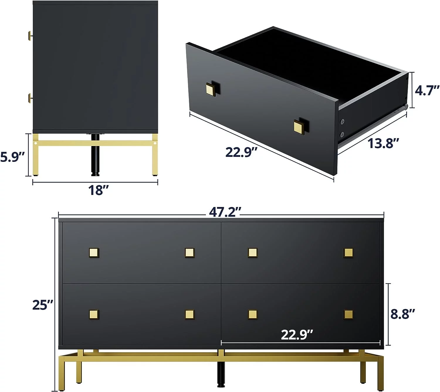 HBBOOMLIFE Extra Wide Black 4 Drawer Double Dresser for Bedroom Luxury Modern Wooden Dressers & Chests of Drawers with Gold Base
