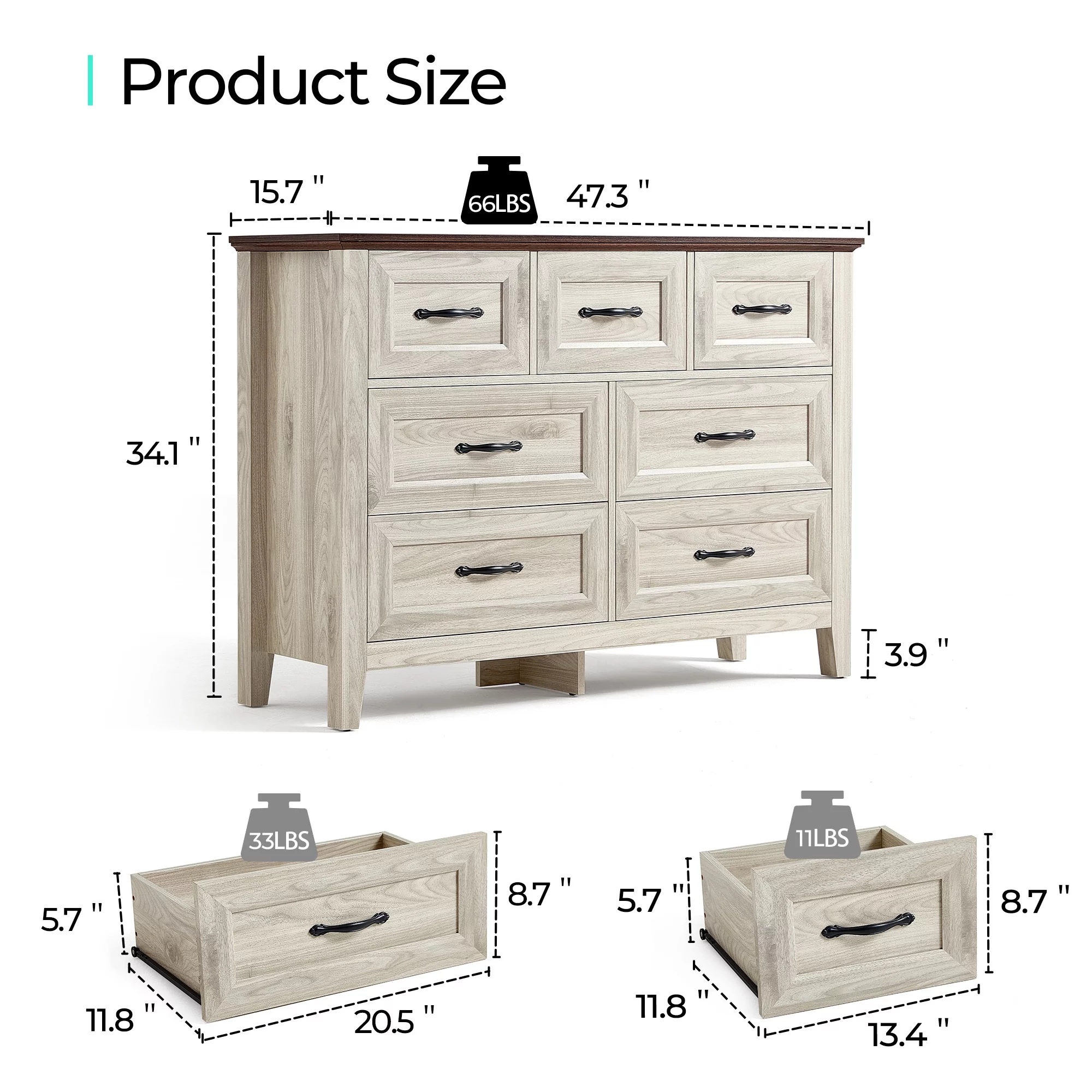 Linsy Home 7 Drawer Rustic Oak Double Dresser, Wood Storage Cabinet with Easy Pull Out Handles for Living Room, Chest of Drawers for Bedroom