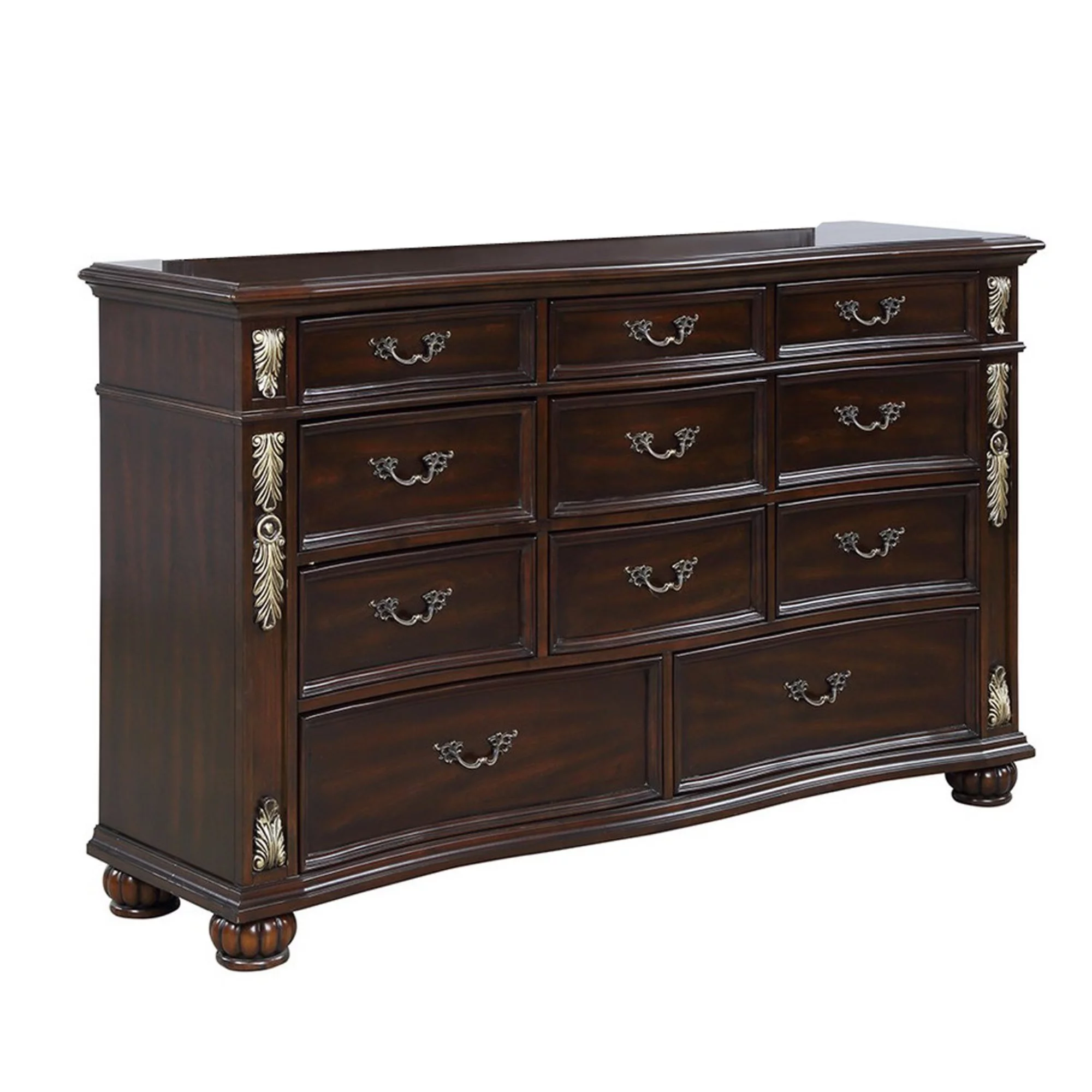 11 Drawer Wooden Dresser with Antique Metal Handles and Bun Feet, Brown