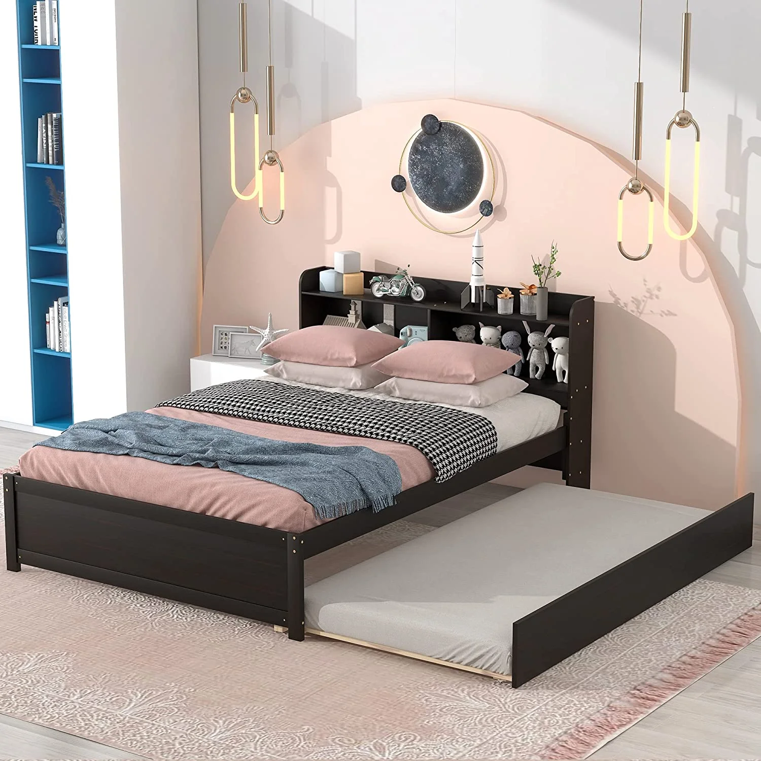 Size Platform Bed With Trundle And Bookcase, Wooden Storage Platform Bed With Storage Headboard, No Spring Box Needed, Espresoo